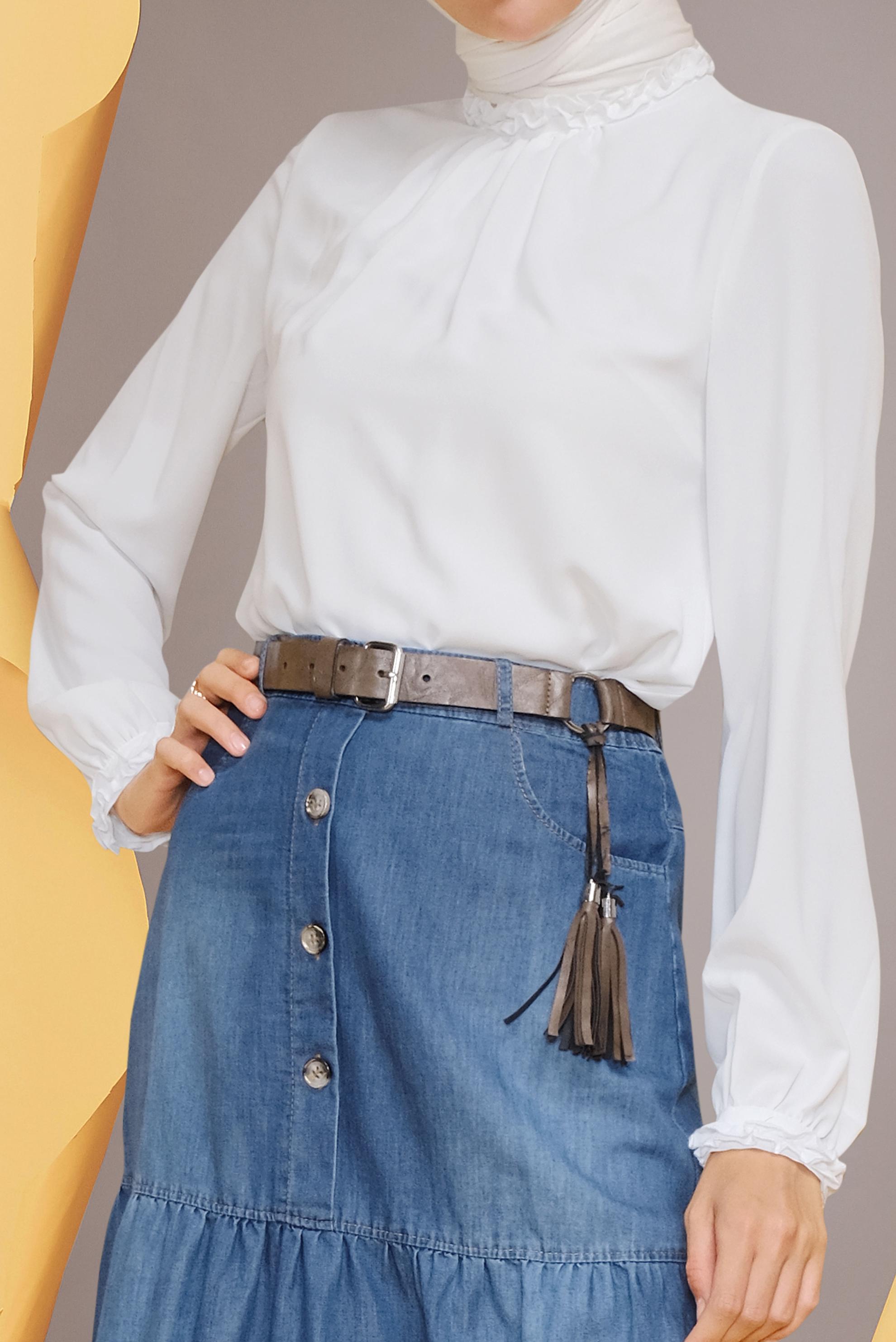 Tesettür giyim BEYAZ FIRFIR DETAYLI BLUZ 41589