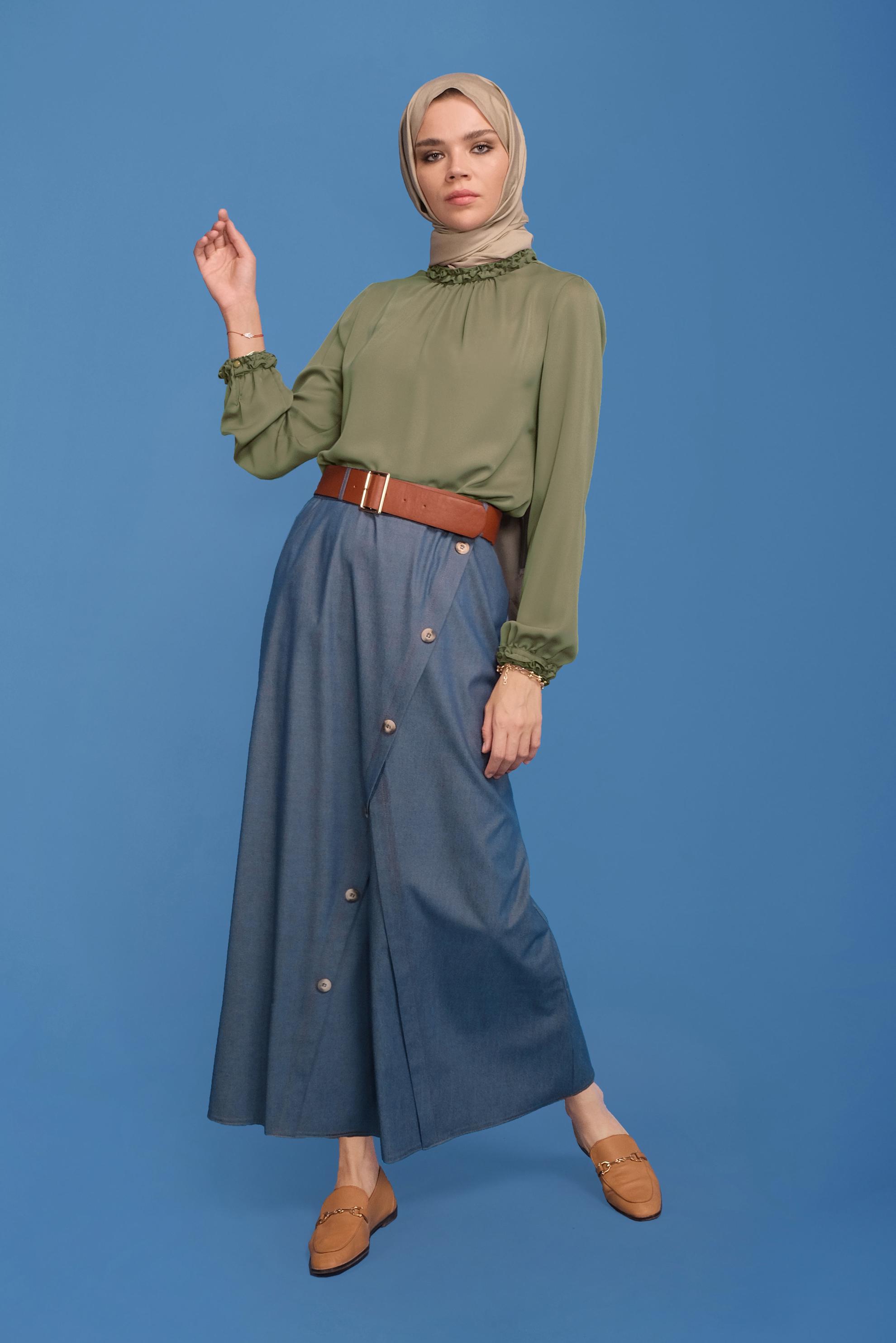 Tesettür giyim HAKİ FIRFIR DETAYLI BLUZ 41589