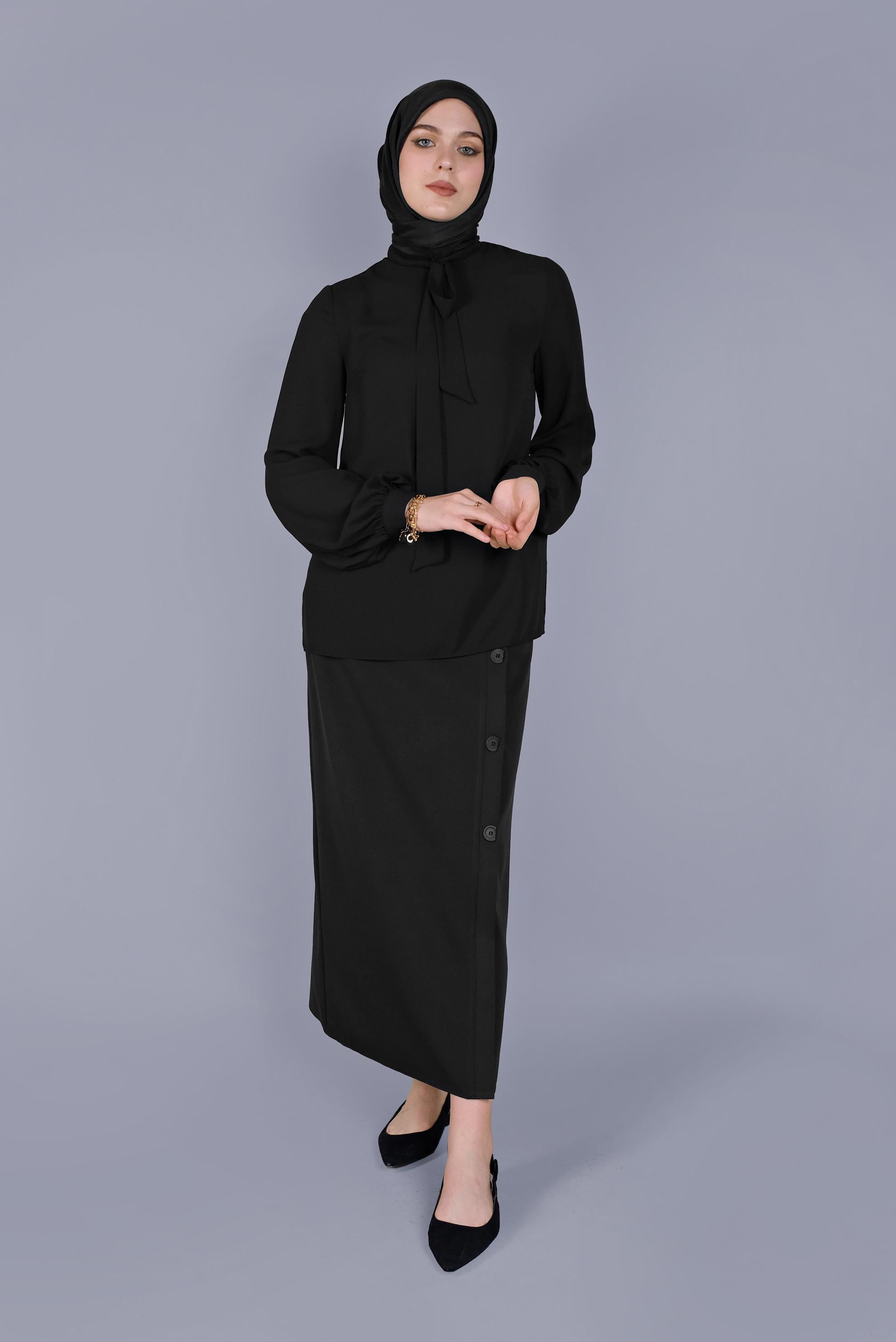 Tesettür giyim SİYAH FİYONK YAKA BLUZ 41609 