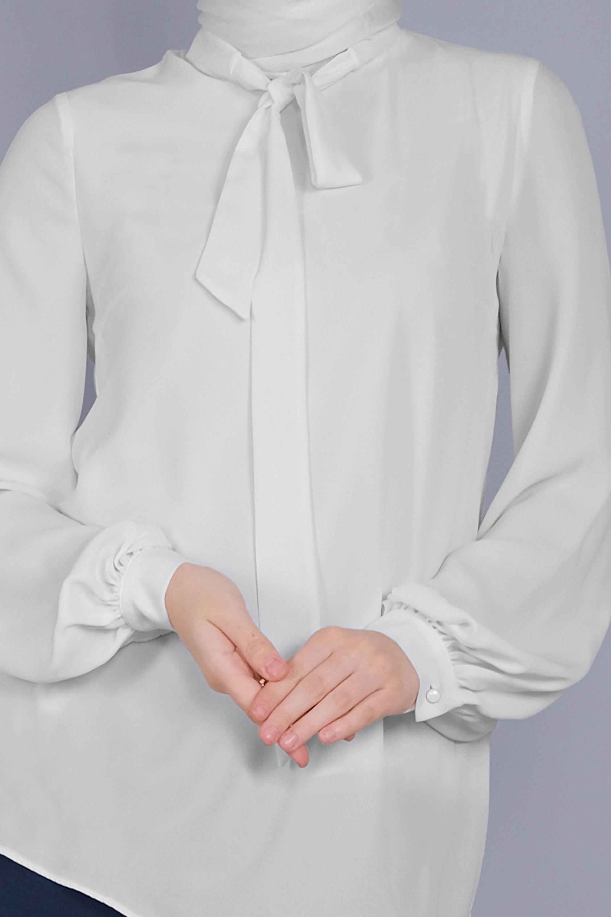 Tesettür giyim BEYAZ FİYONK YAKA BLUZ 41609 