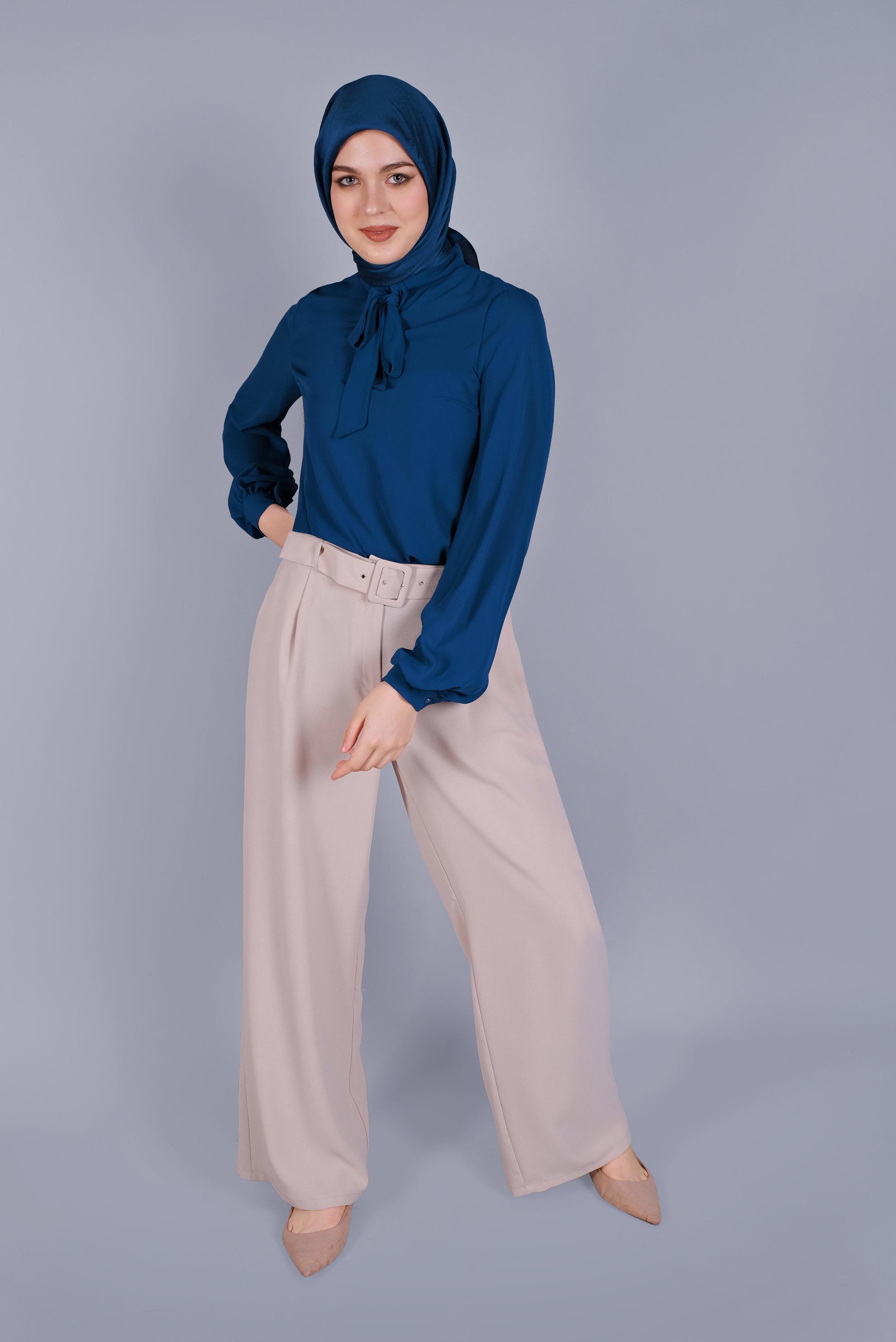 Tesettür giyim LACİVERT FİYONK YAKA BLUZ 41609 