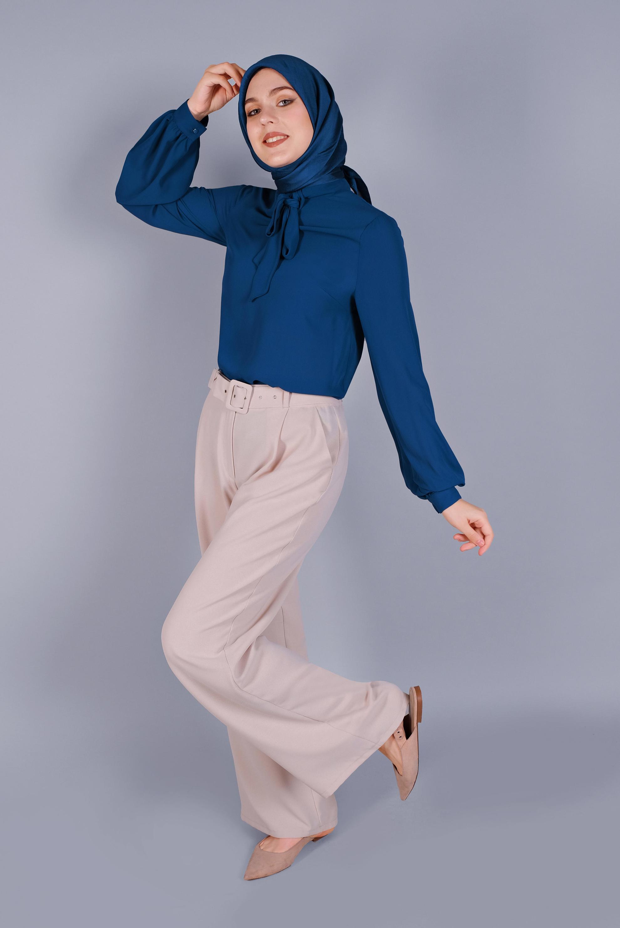 Tesettür giyim LACİVERT FİYONK YAKA BLUZ 41609 