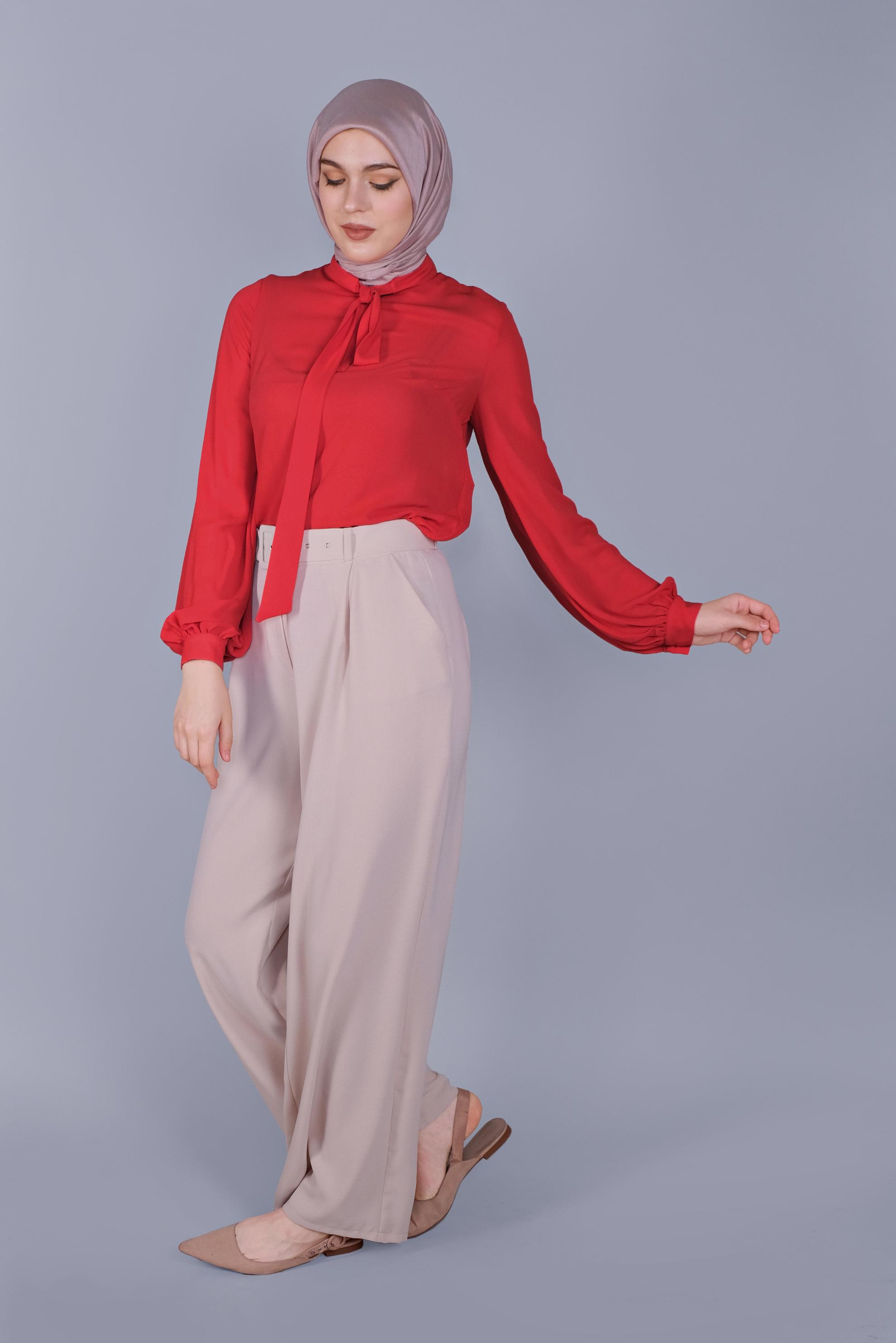 Tesettür giyim KIRMIZI FİYONK YAKA BLUZ 41609 