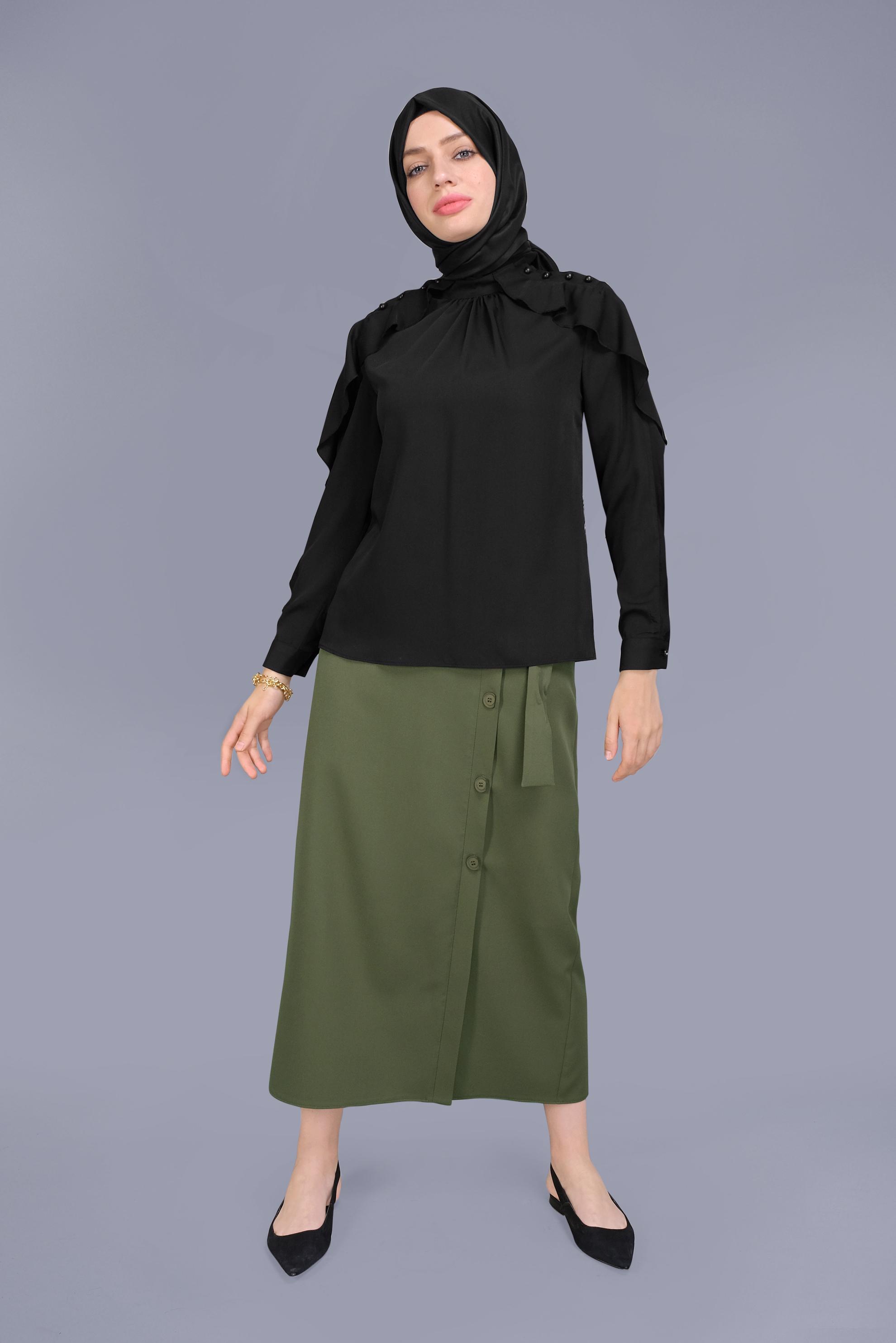 Tesettür giyim SİYAH FIRFIRLI BAĞCIKLI BLUZ 41610