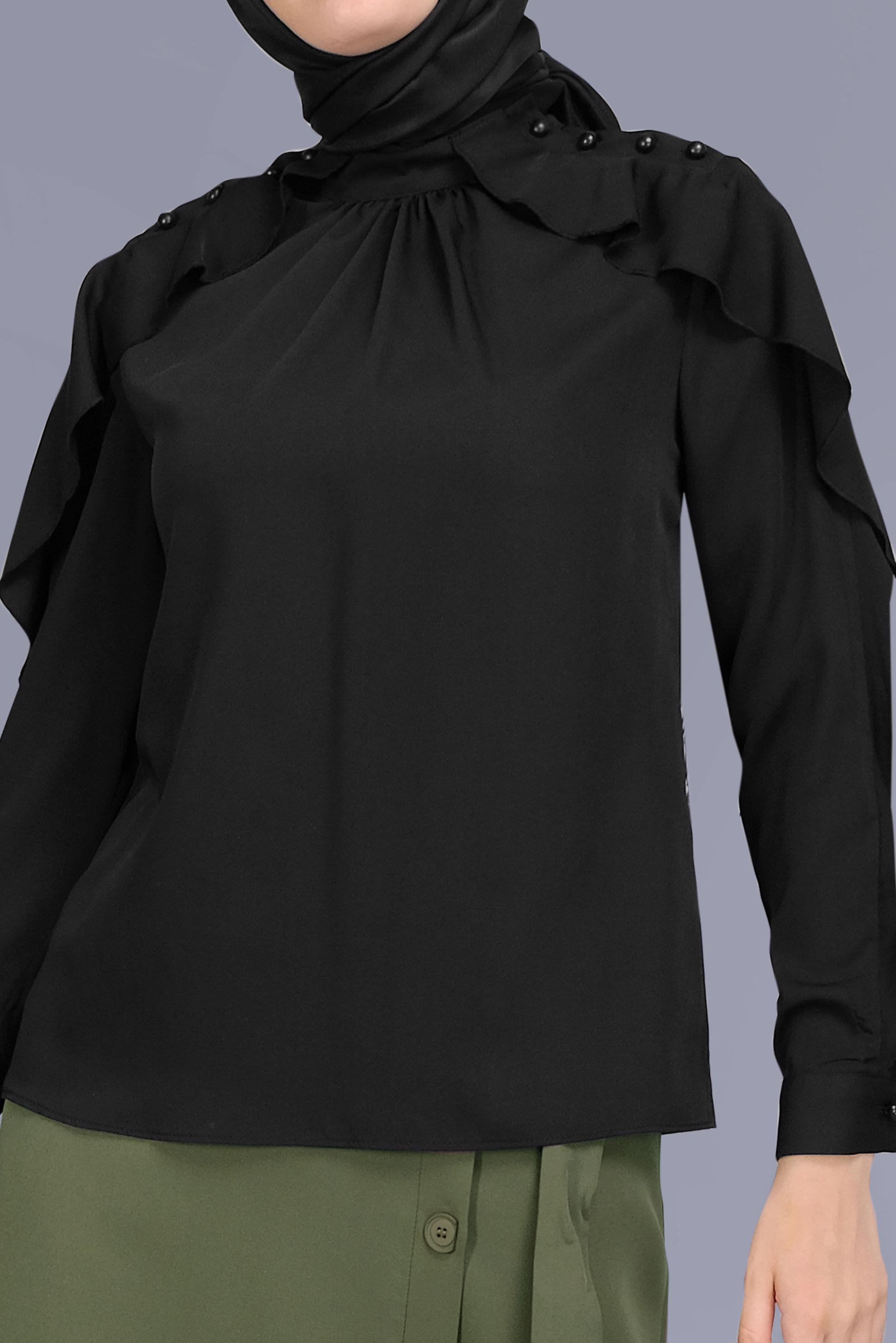 Tesettür giyim SİYAH FIRFIRLI BAĞCIKLI BLUZ 41610