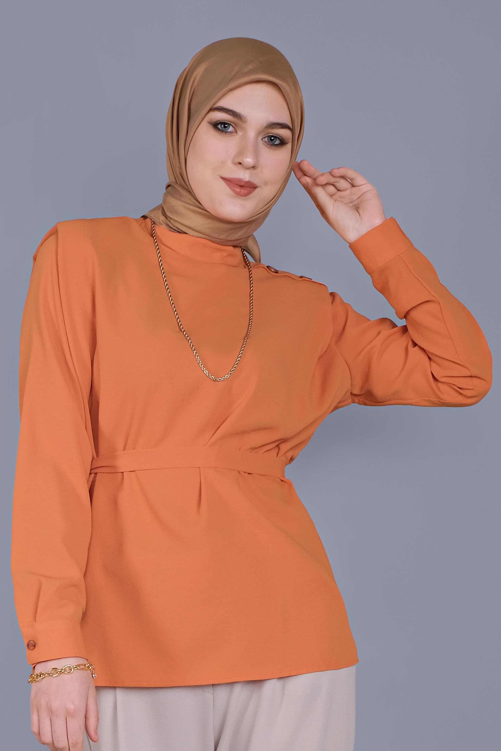 Tesettür giyim TURUNCU VATKA DETAYLI  KUŞAKLI BLUZ 41617 