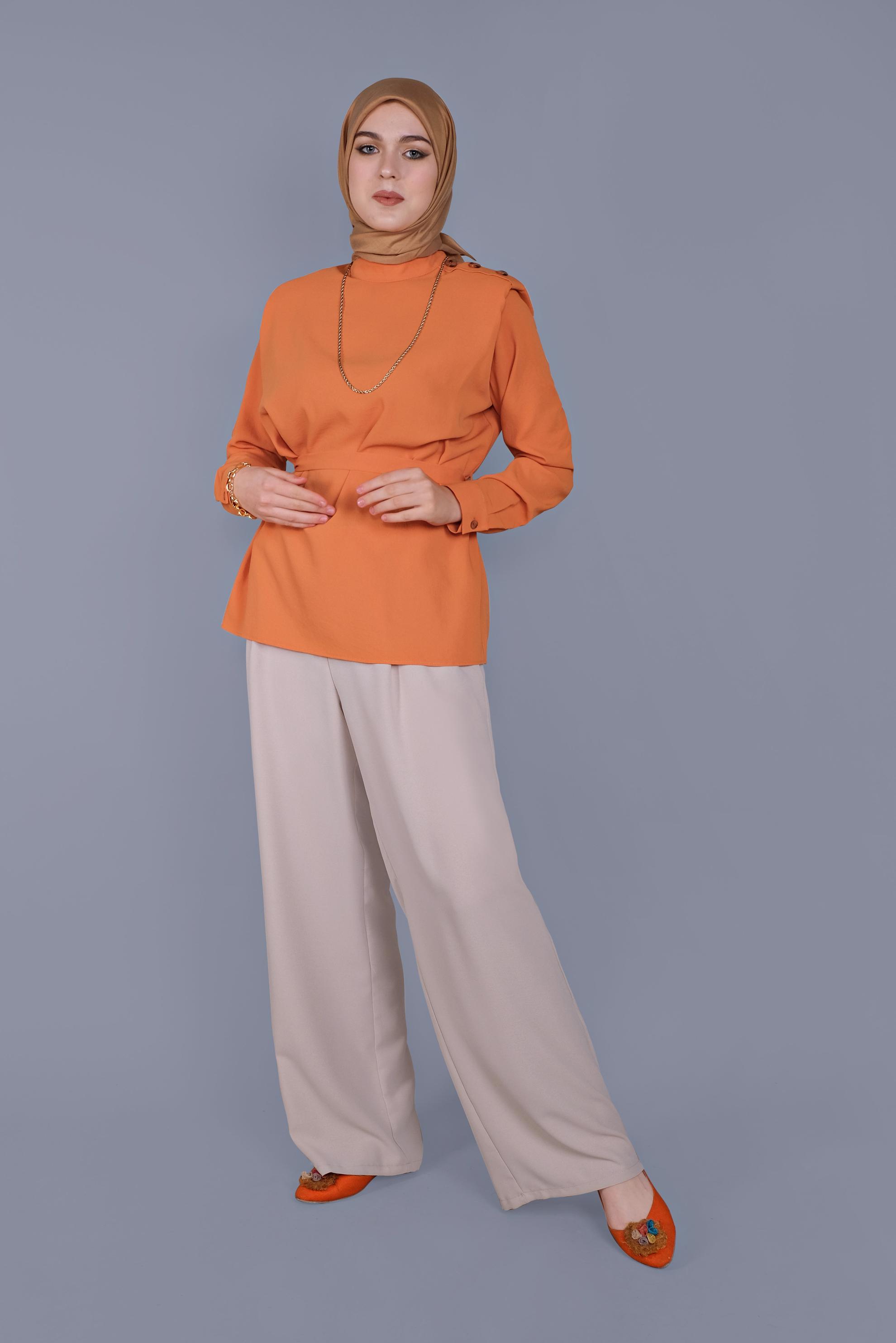 Tesettür giyim TURUNCU VATKA DETAYLI  KUŞAKLI BLUZ 41617 