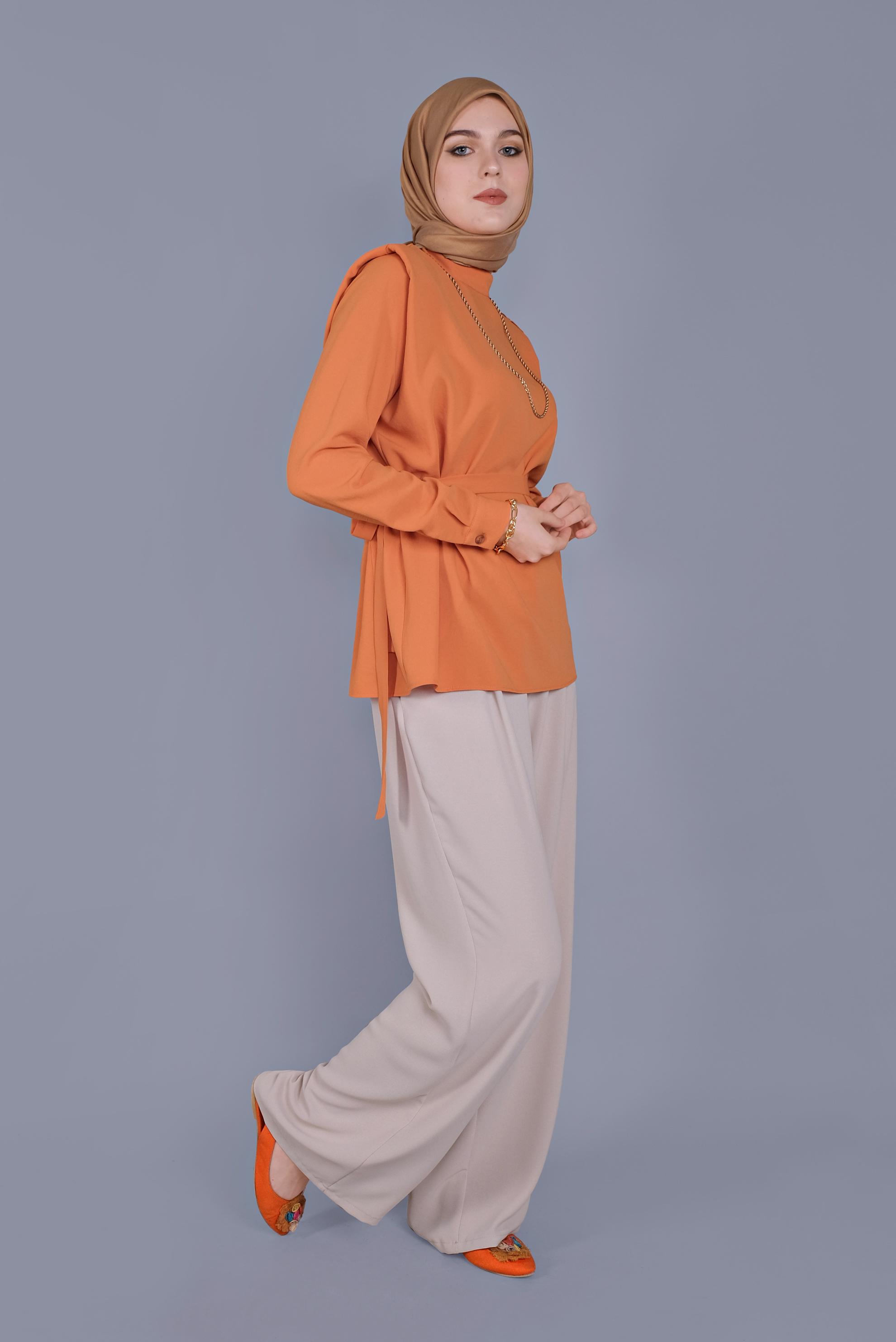 Tesettür giyim TURUNCU VATKA DETAYLI  KUŞAKLI BLUZ 41617 