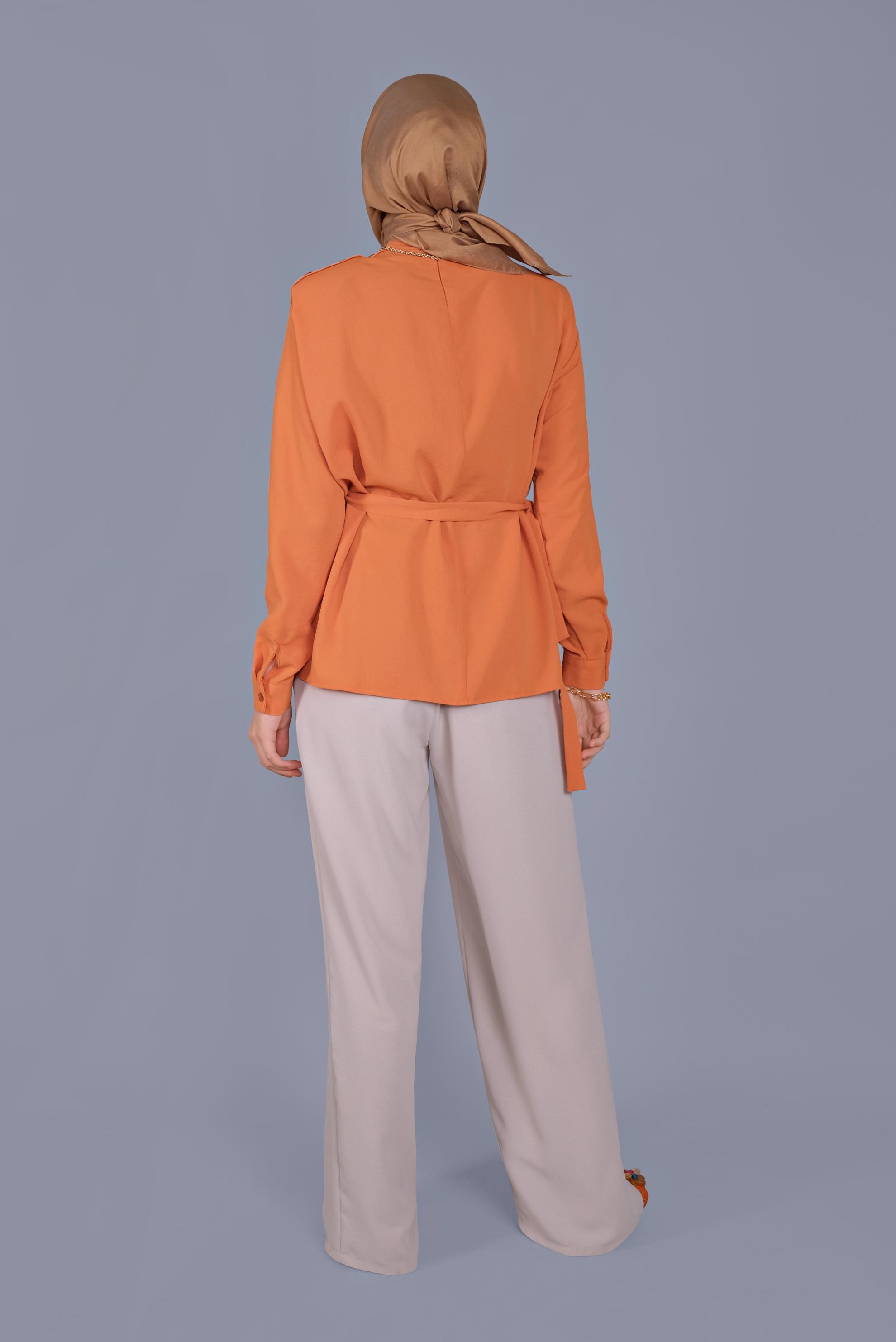 Tesettür giyim TURUNCU VATKA DETAYLI  KUŞAKLI BLUZ 41617 