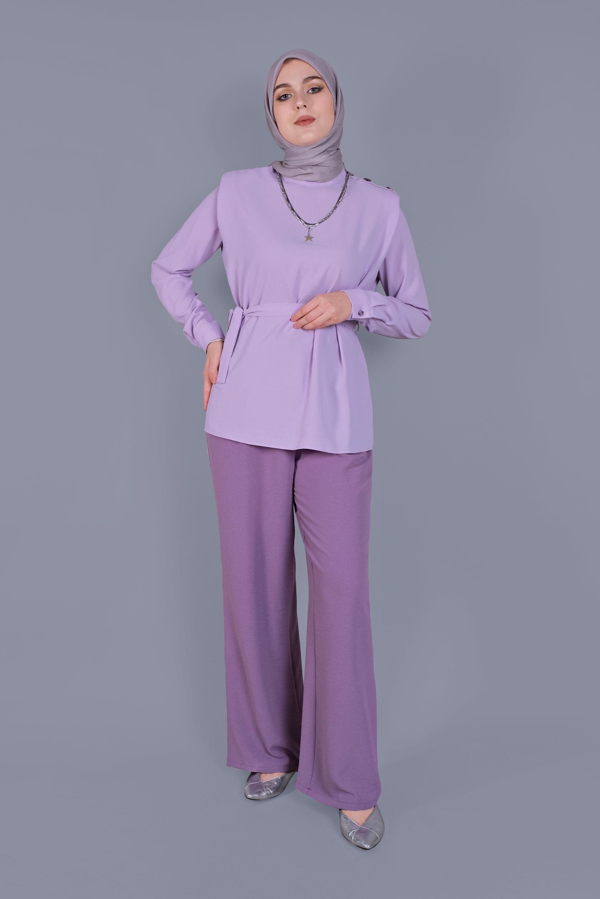 Tesettür giyim MOR VATKA DETAYLI  KUŞAKLI BLUZ 41617 