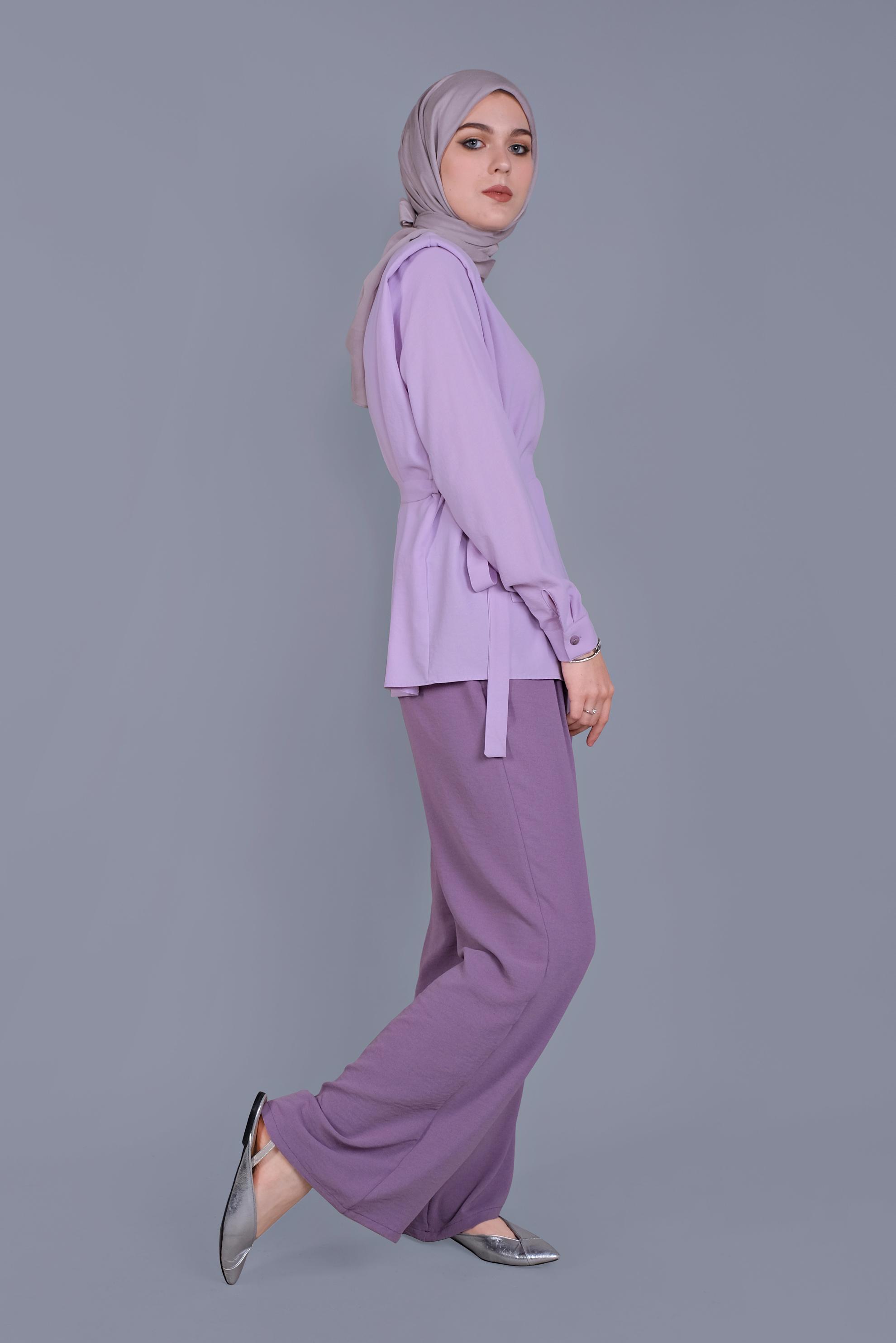 Tesettür giyim MOR VATKA DETAYLI  KUŞAKLI BLUZ 41617 