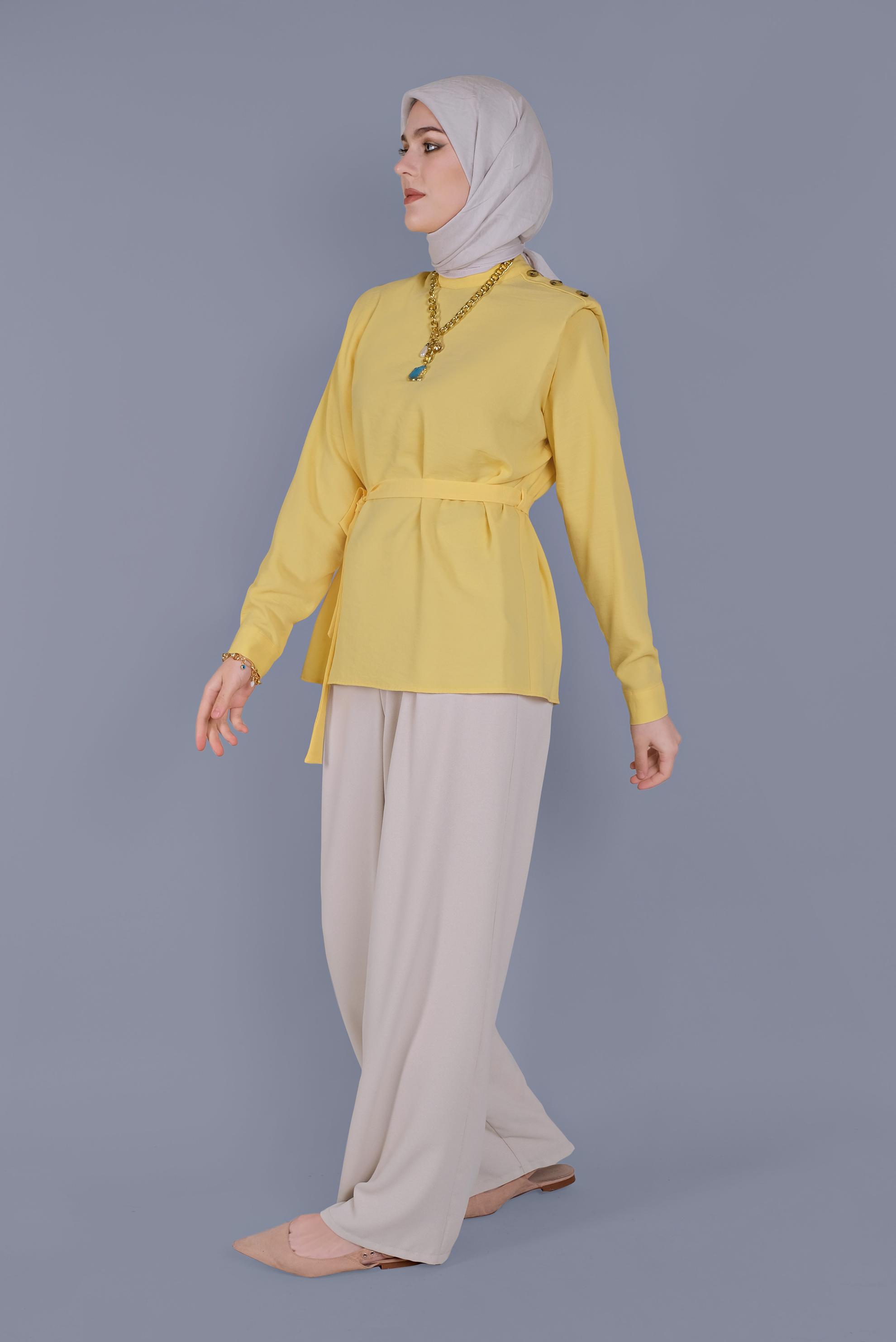 Tesettür giyim SARI VATKA DETAYLI  KUŞAKLI BLUZ 41617 