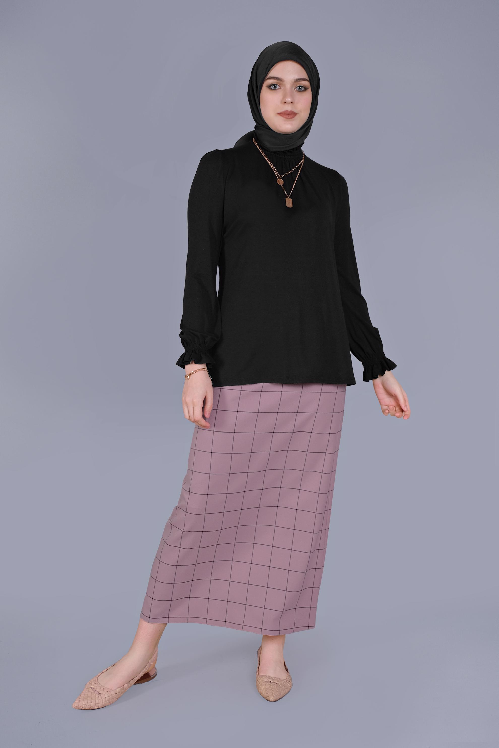 Tesettür giyim SİYAH MANŞETLERİ LASTİKLİ BLUZ 41620 