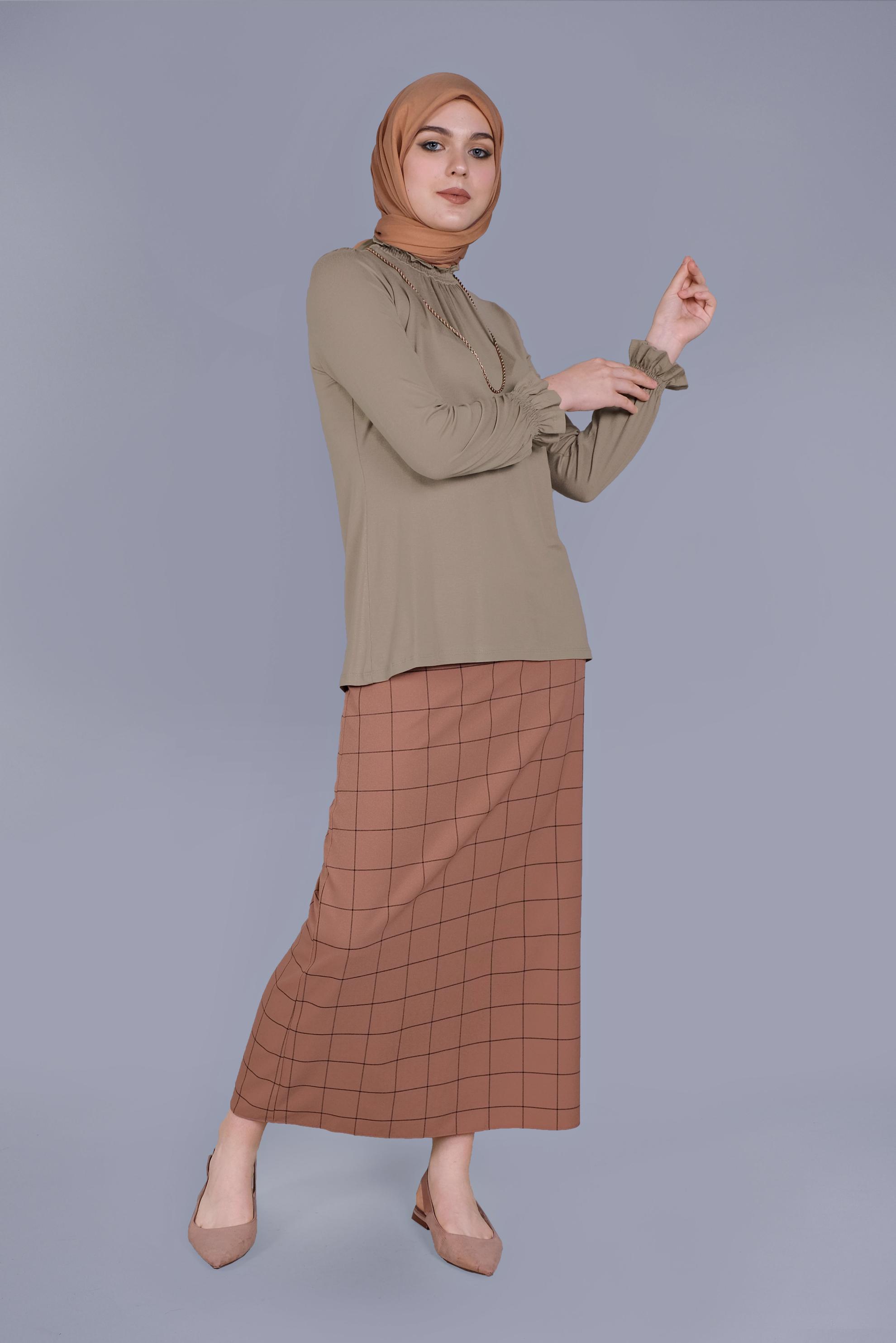 Tesettür giyim BEJ MANŞETLERİ LASTİKLİ BLUZ 41620 