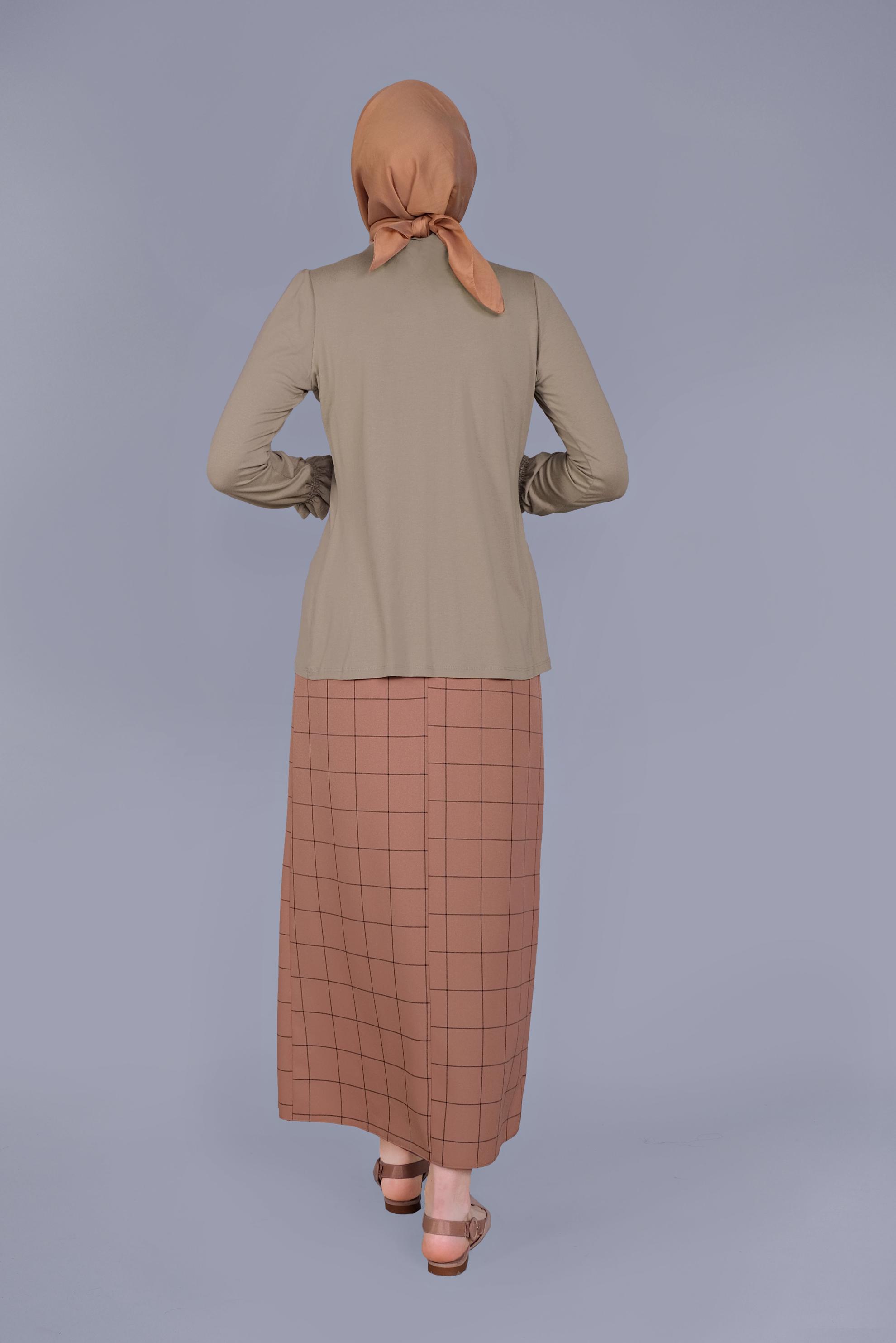 Tesettür giyim BEJ MANŞETLERİ LASTİKLİ BLUZ 41620 