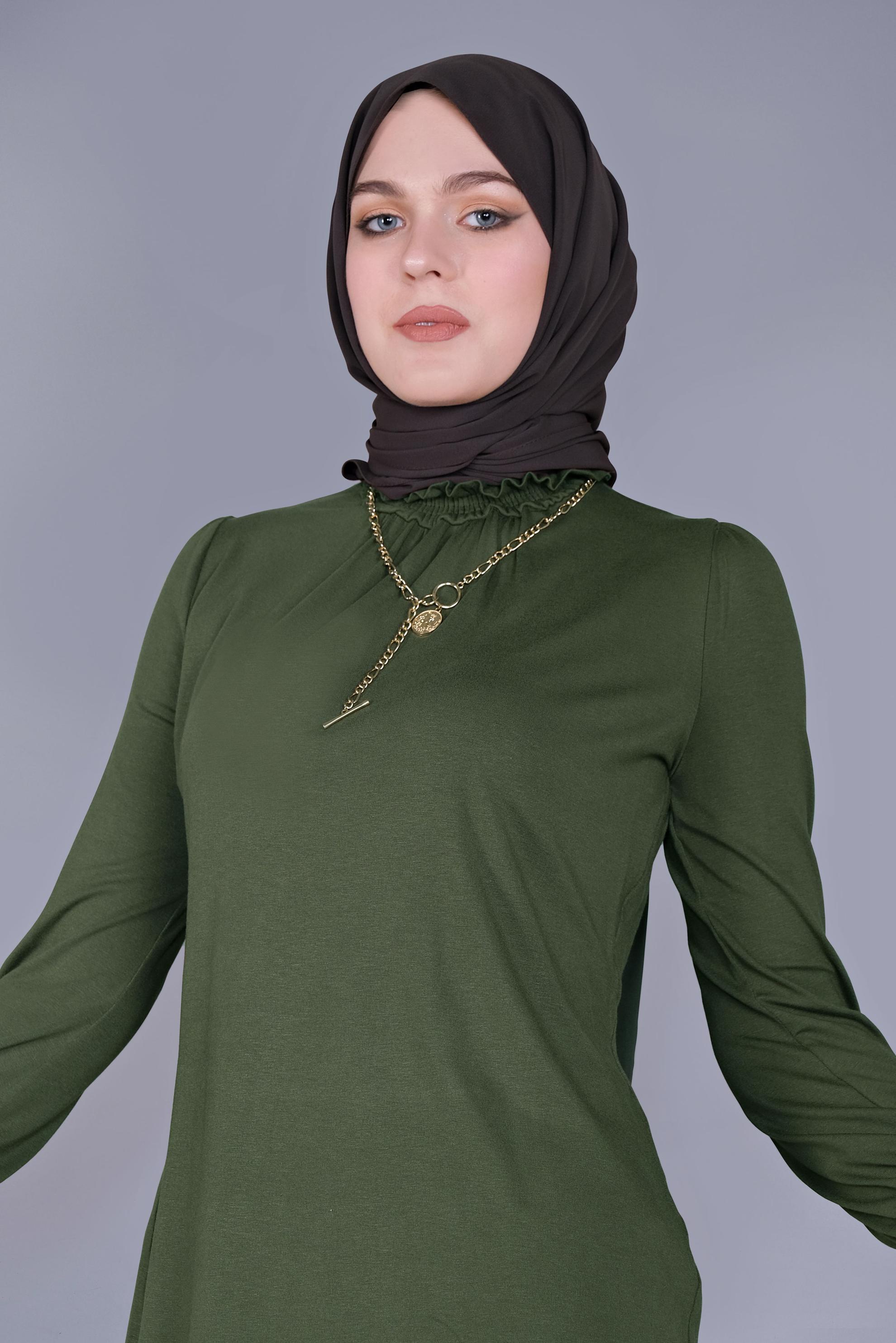 Tesettür giyim HAKİ MANŞETLERİ LASTİKLİ BLUZ 41620 