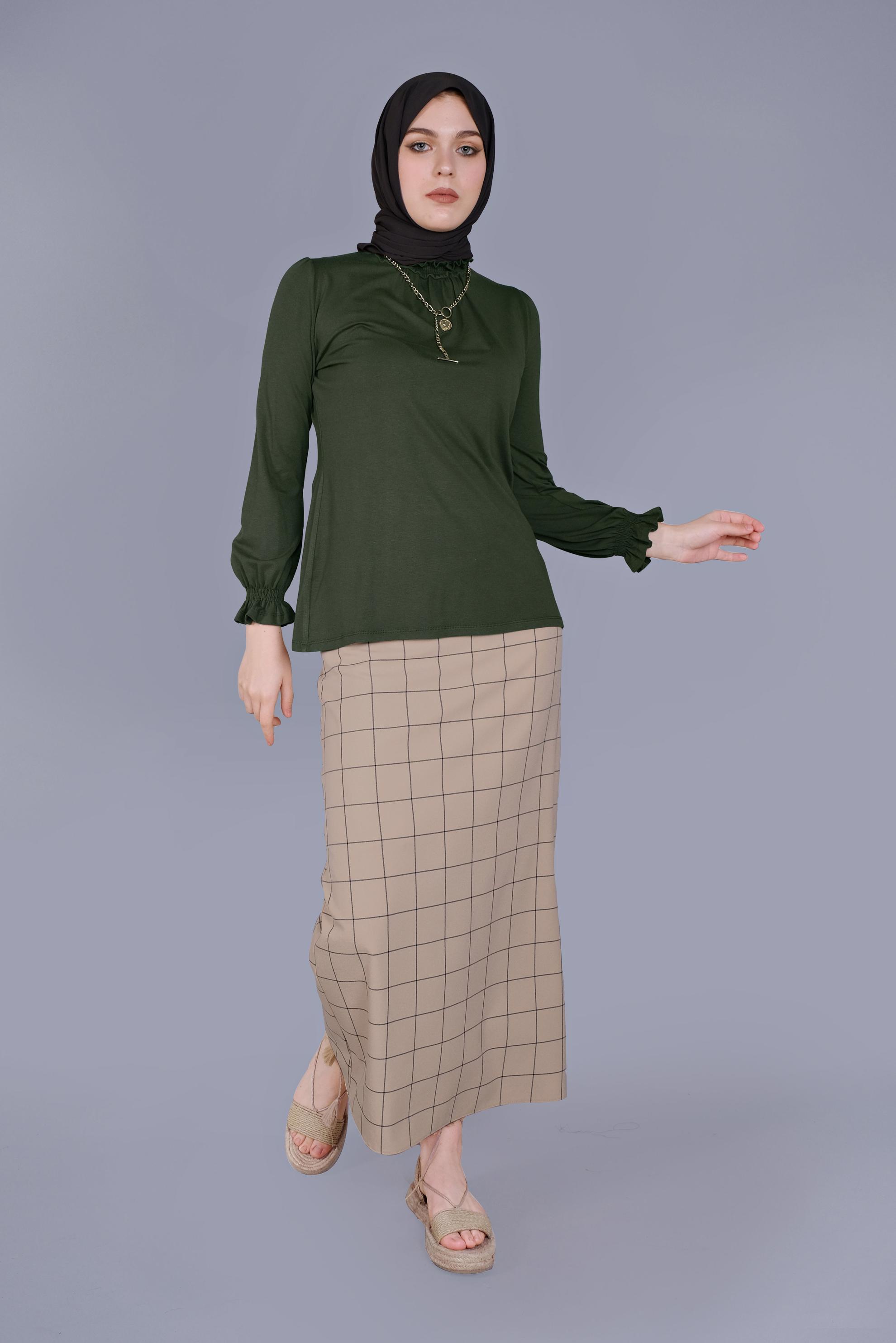 Tesettür giyim HAKİ MANŞETLERİ LASTİKLİ BLUZ 41620 