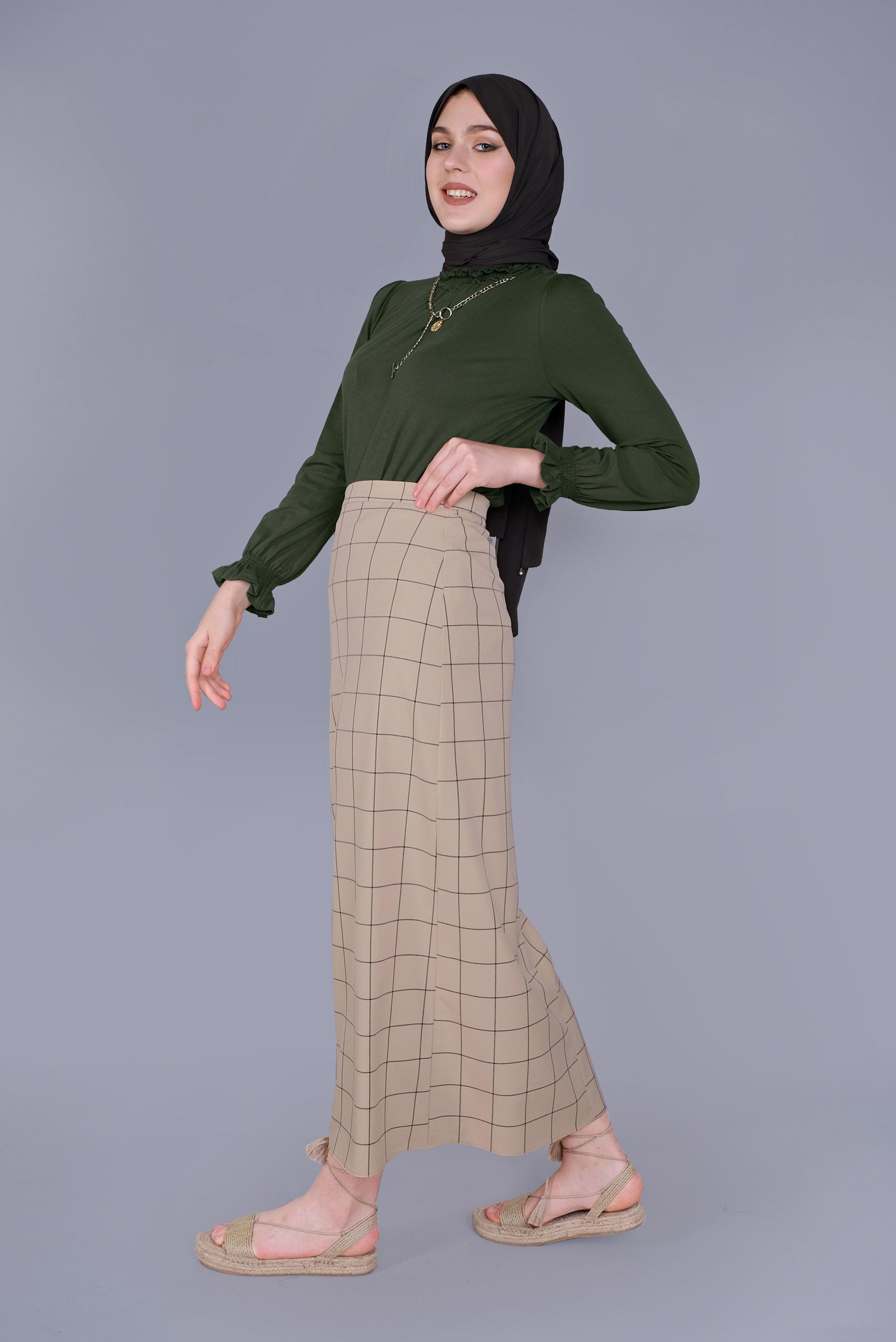 Tesettür giyim HAKİ MANŞETLERİ LASTİKLİ BLUZ 41620 