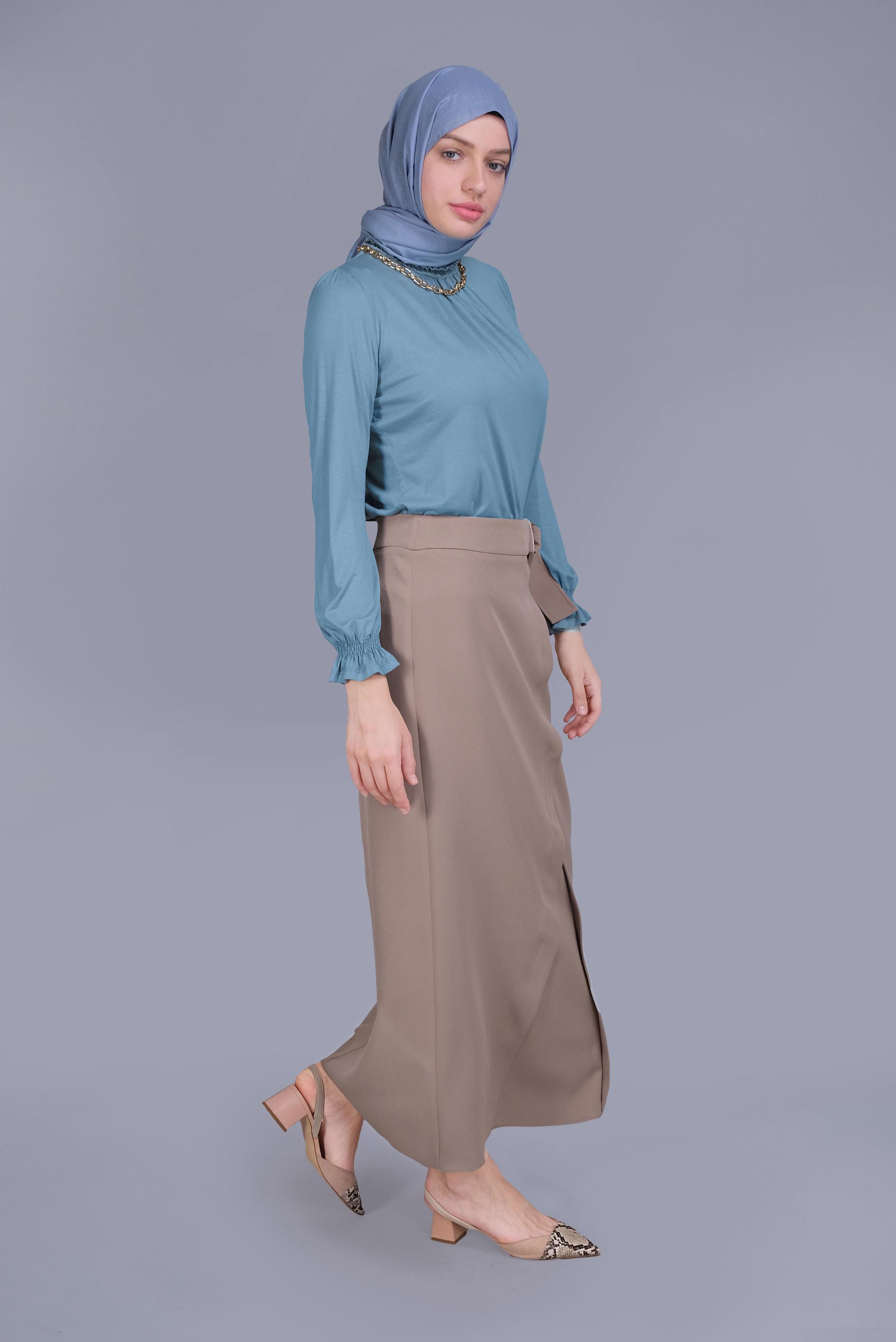 Tesettür giyim MAVİ MANŞETLERİ LASTİKLİ BLUZ 41620 