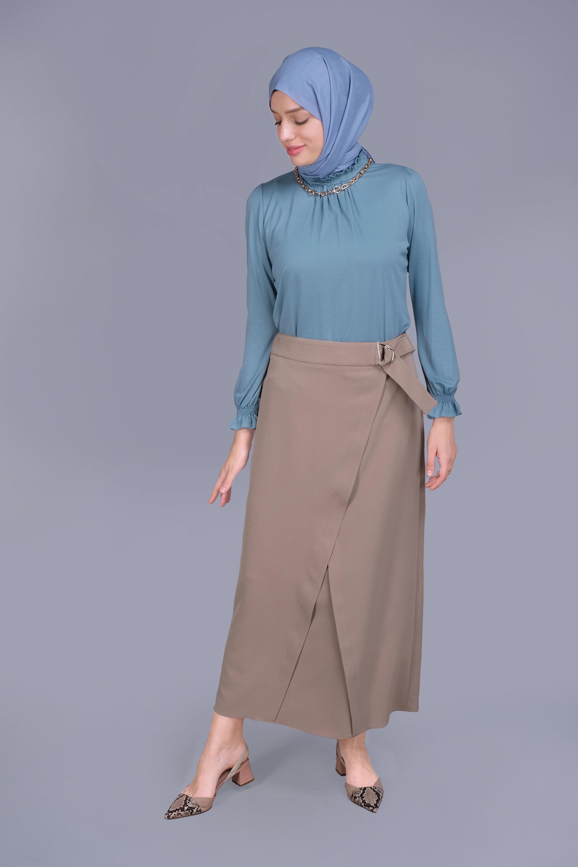 Tesettür giyim MAVİ MANŞETLERİ LASTİKLİ BLUZ 41620 