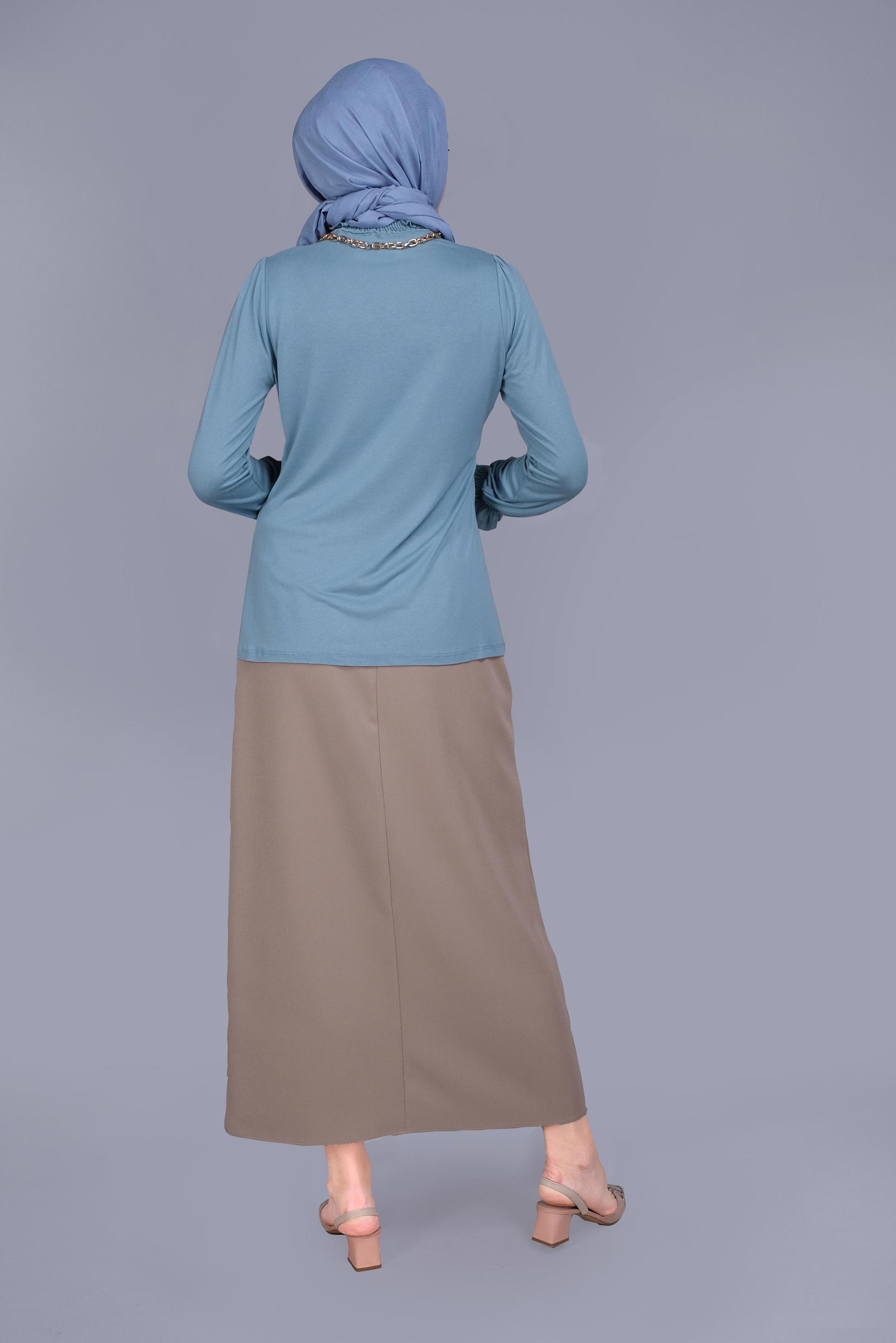 Tesettür giyim MAVİ MANŞETLERİ LASTİKLİ BLUZ 41620 