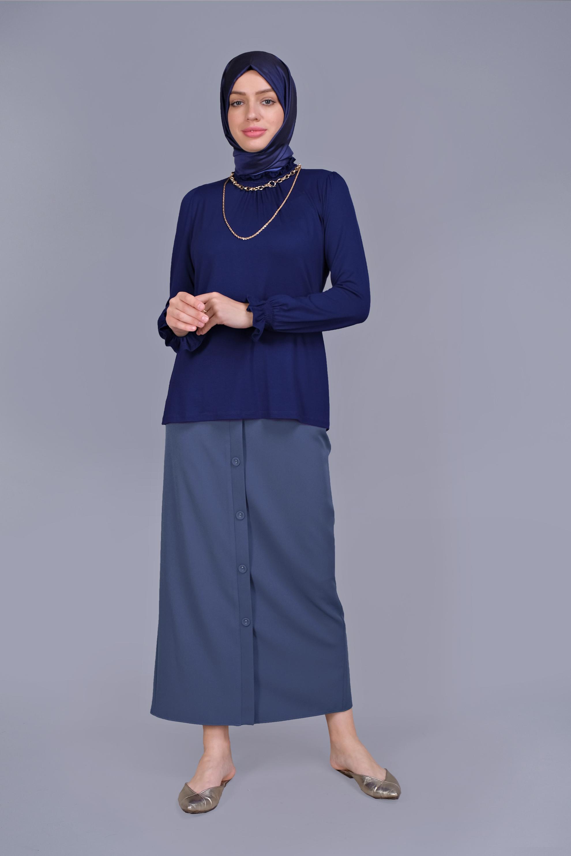 Tesettür giyim LACİVERT MANŞETLERİ LASTİKLİ BLUZ 41620 
