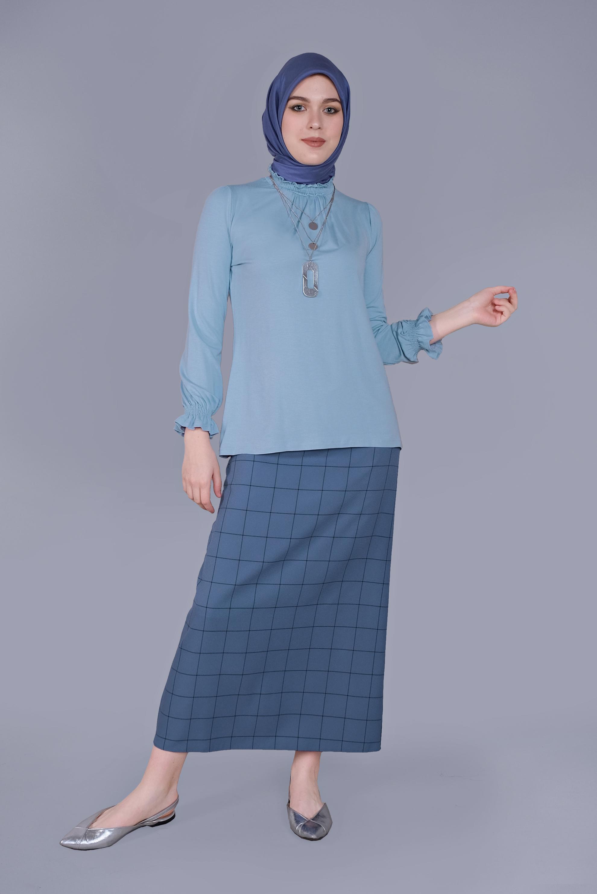 Tesettür giyim MAVİ MANŞETLERİ LASTİKLİ BLUZ 41620 