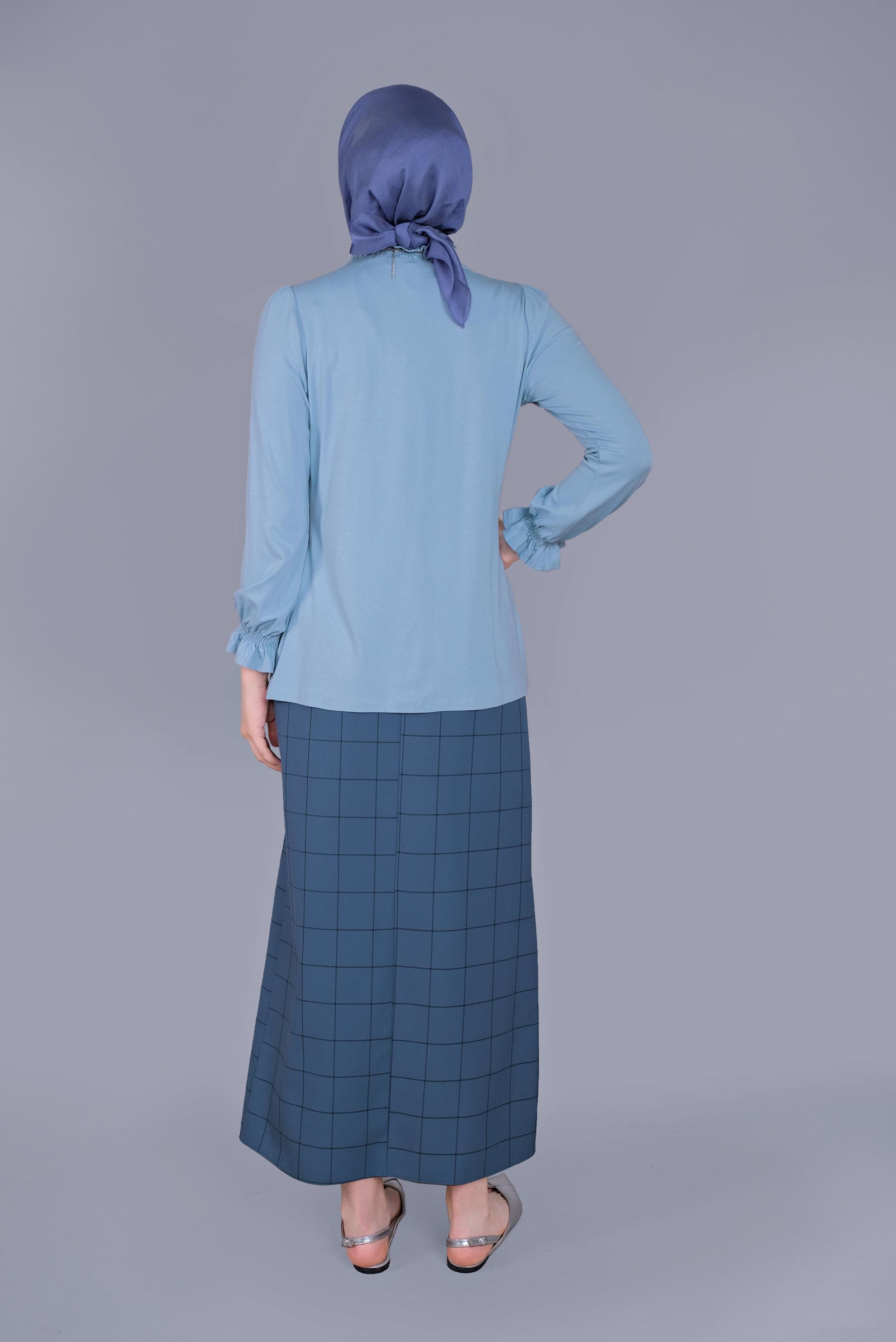 Tesettür giyim MAVİ MANŞETLERİ LASTİKLİ BLUZ 41620 