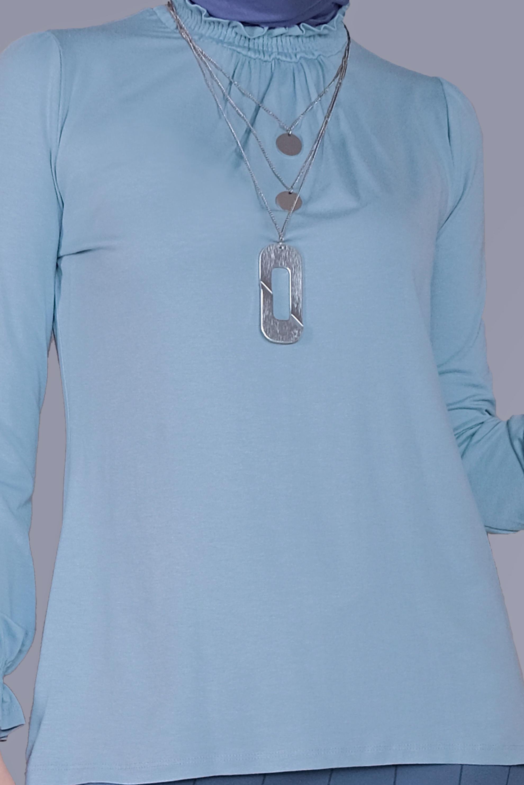 Tesettür giyim MAVİ MANŞETLERİ LASTİKLİ BLUZ 41620 