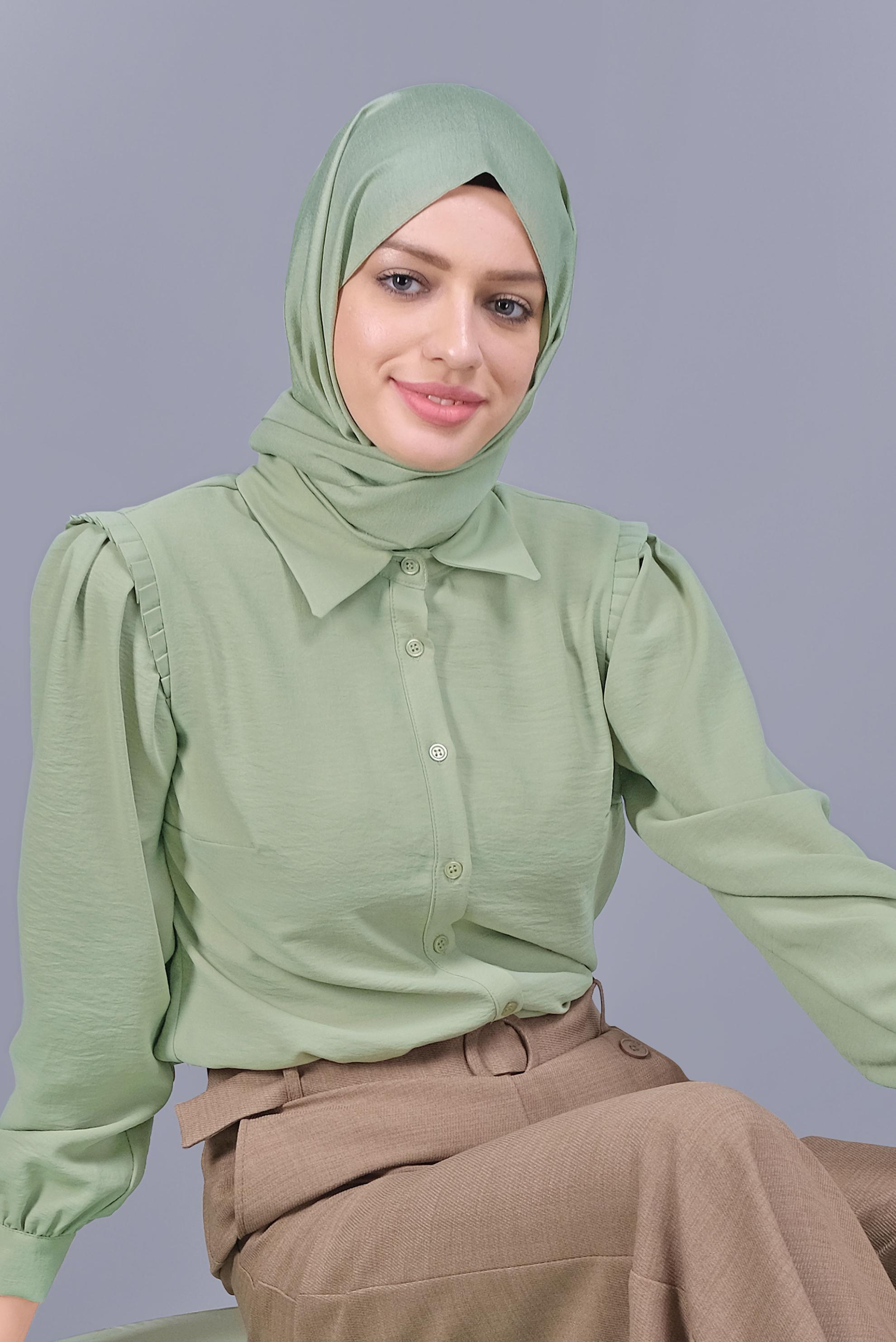 Tesettür giyim YEŞİL FIRFIR DETAYLI BLUZ 41660