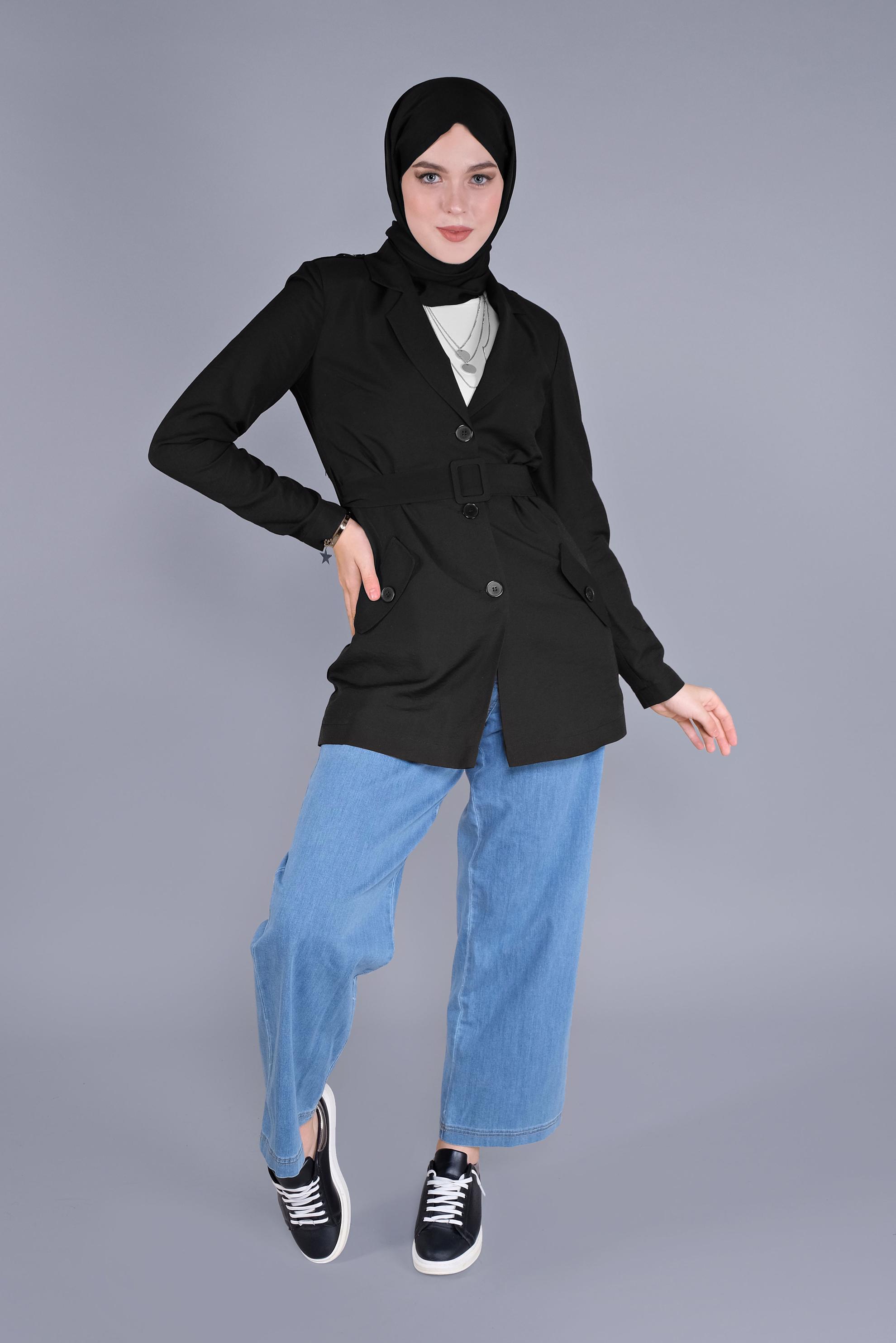 Tesettür giyim SİYAH KEMERLİ KETEN CEKET 40763 