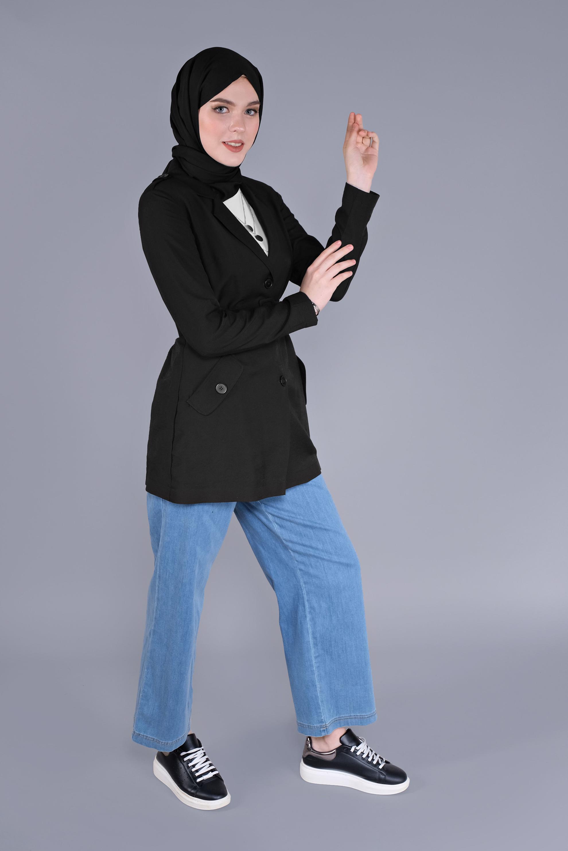 Tesettür giyim SİYAH KEMERLİ KETEN CEKET 40763 