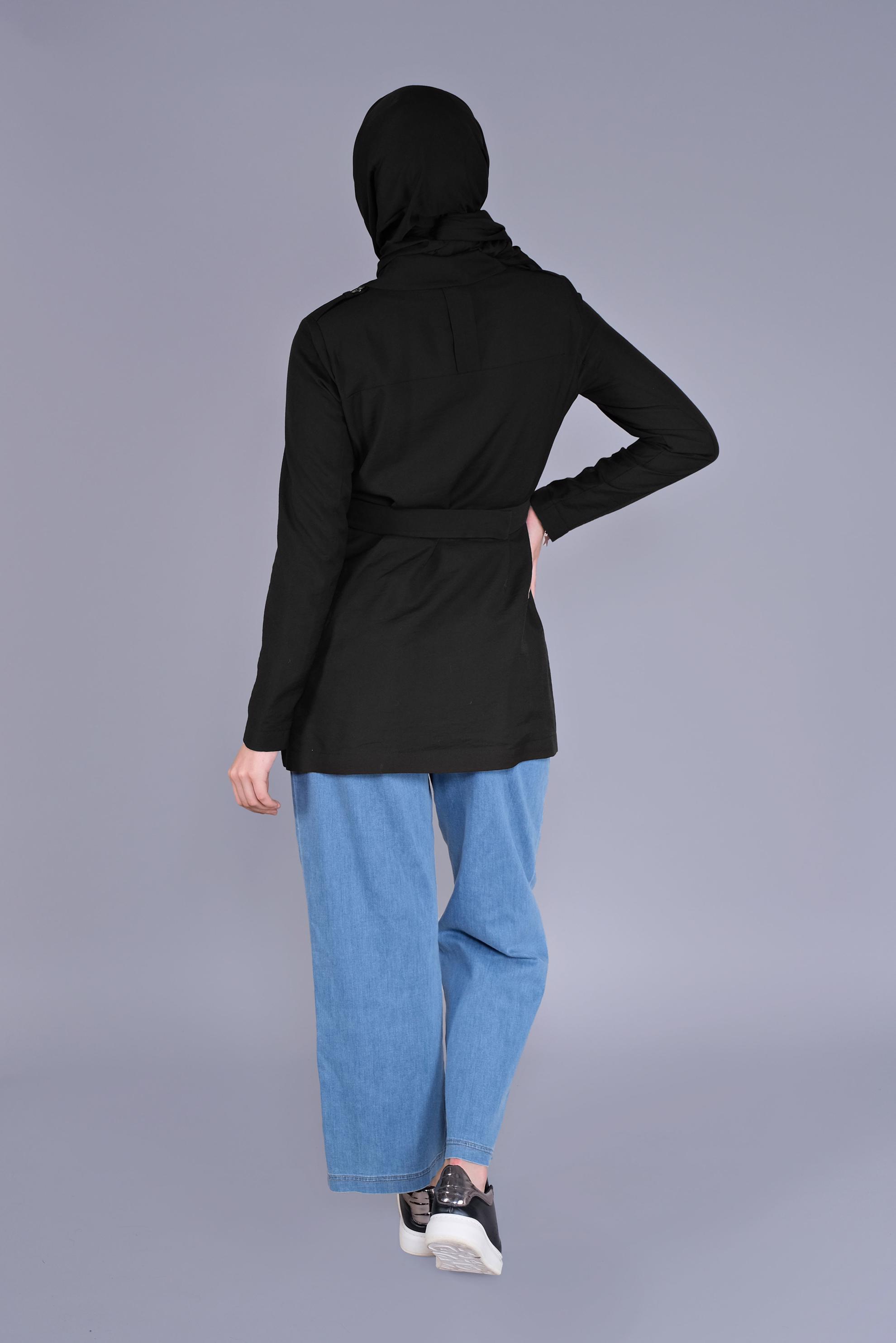 Tesettür giyim SİYAH KEMERLİ KETEN CEKET 40763 