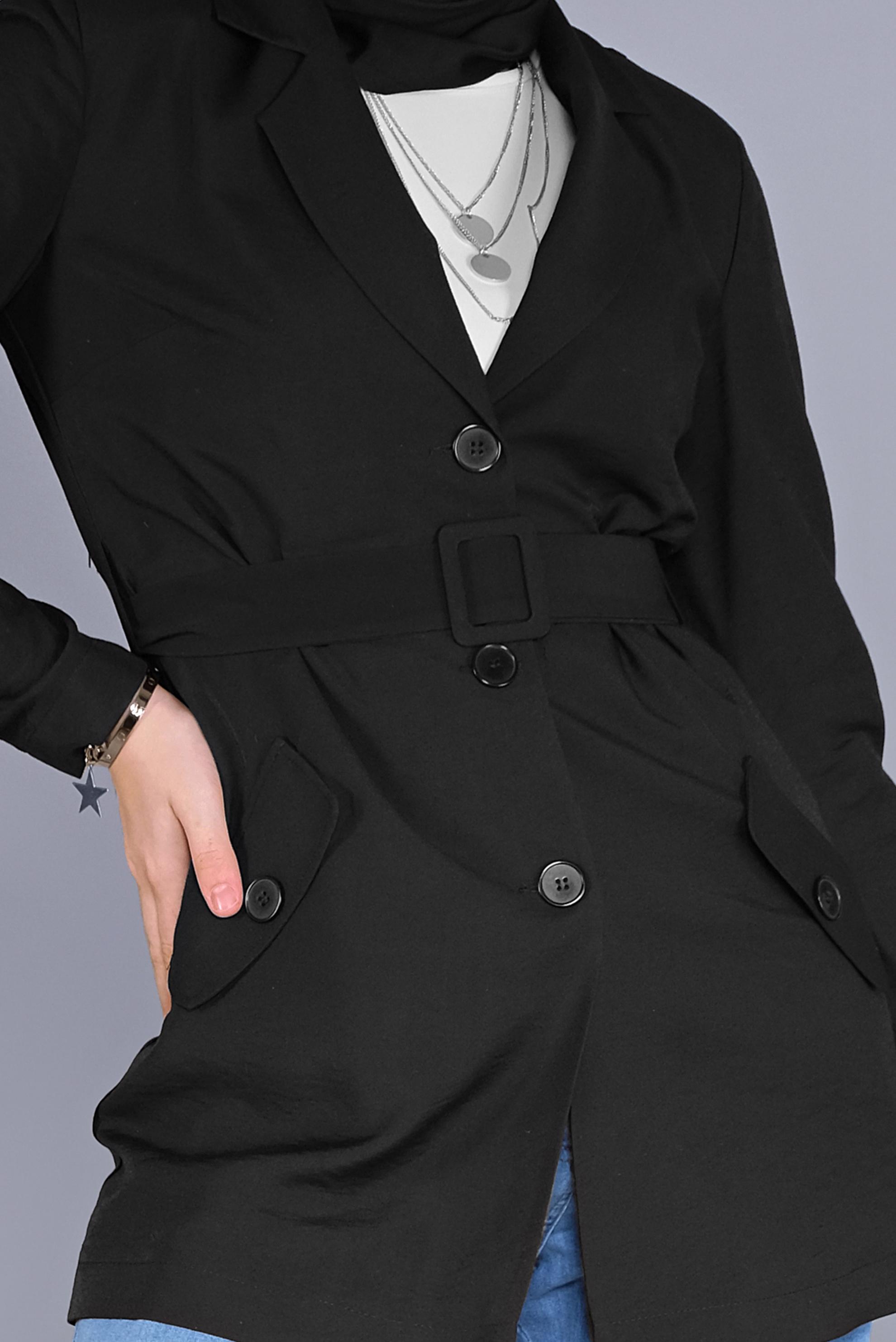 Tesettür giyim SİYAH KEMERLİ KETEN CEKET 40763 