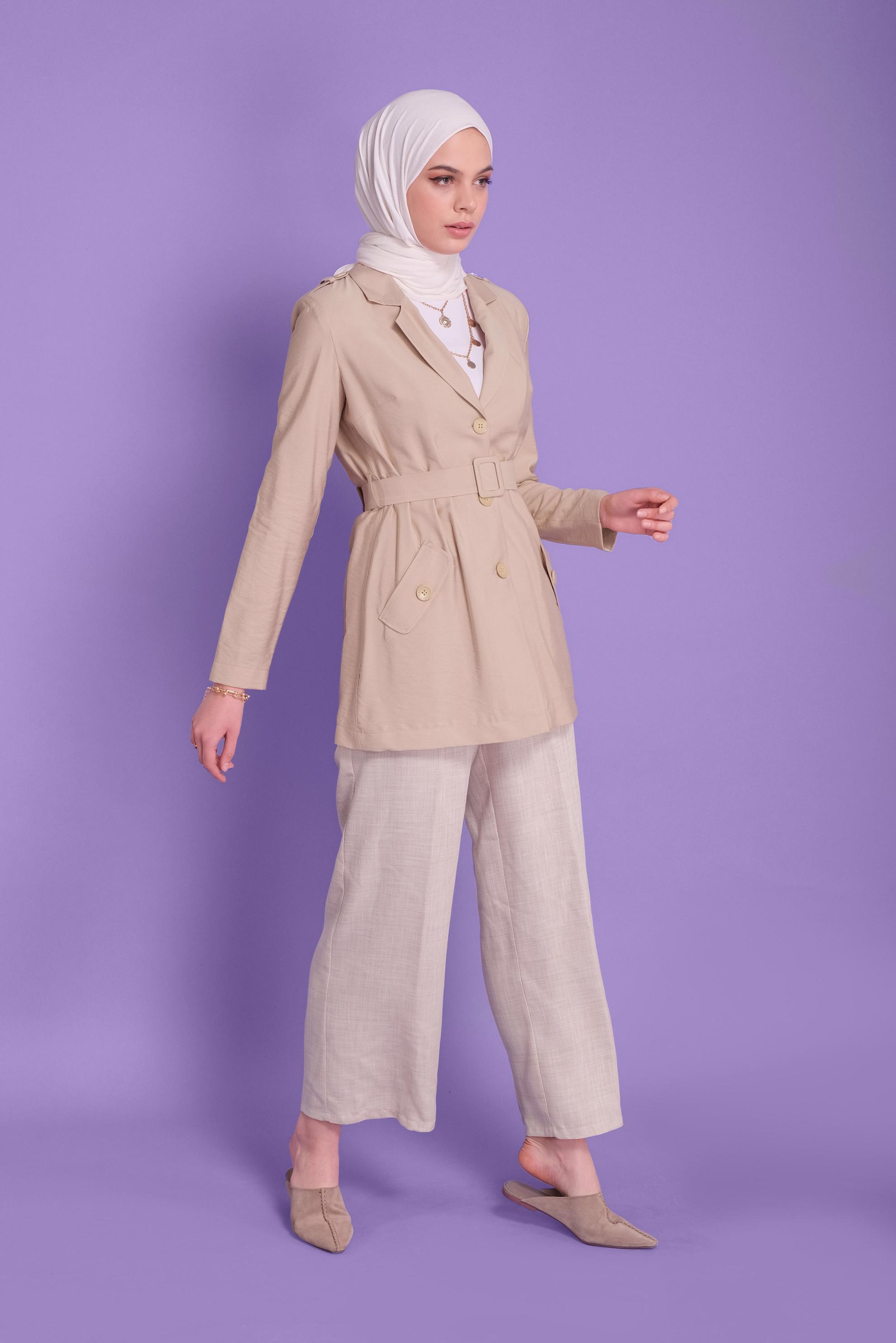 Tesettür giyim BEJ KEMERLİ KETEN CEKET 40763 