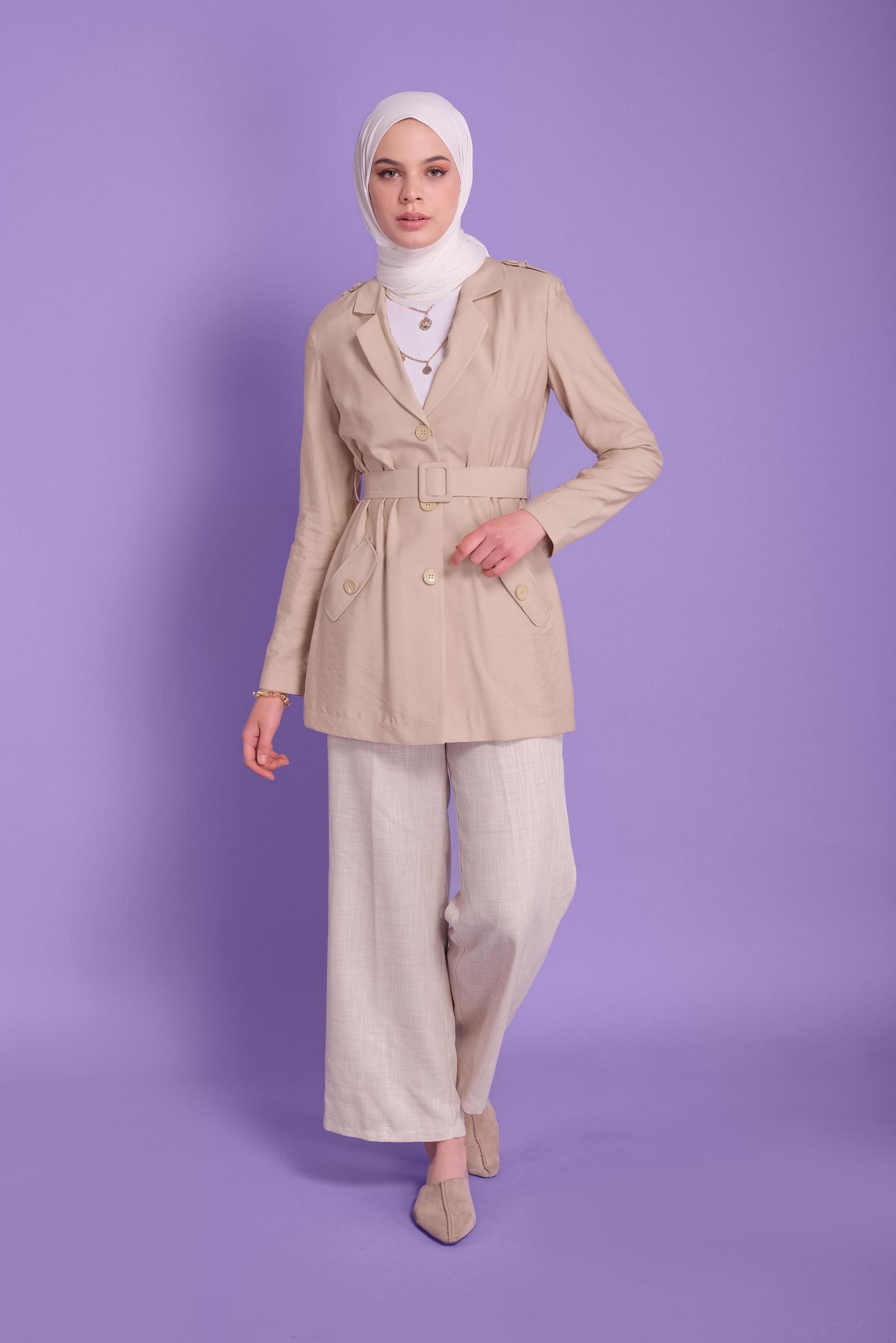 Tesettür giyim BEJ KEMERLİ KETEN CEKET 40763 