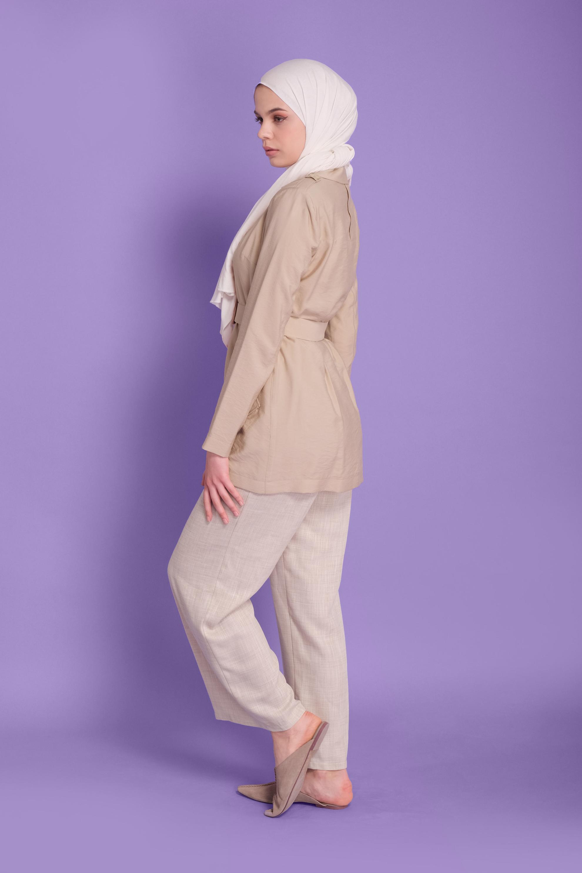 Tesettür giyim BEJ KEMERLİ KETEN CEKET 40763 