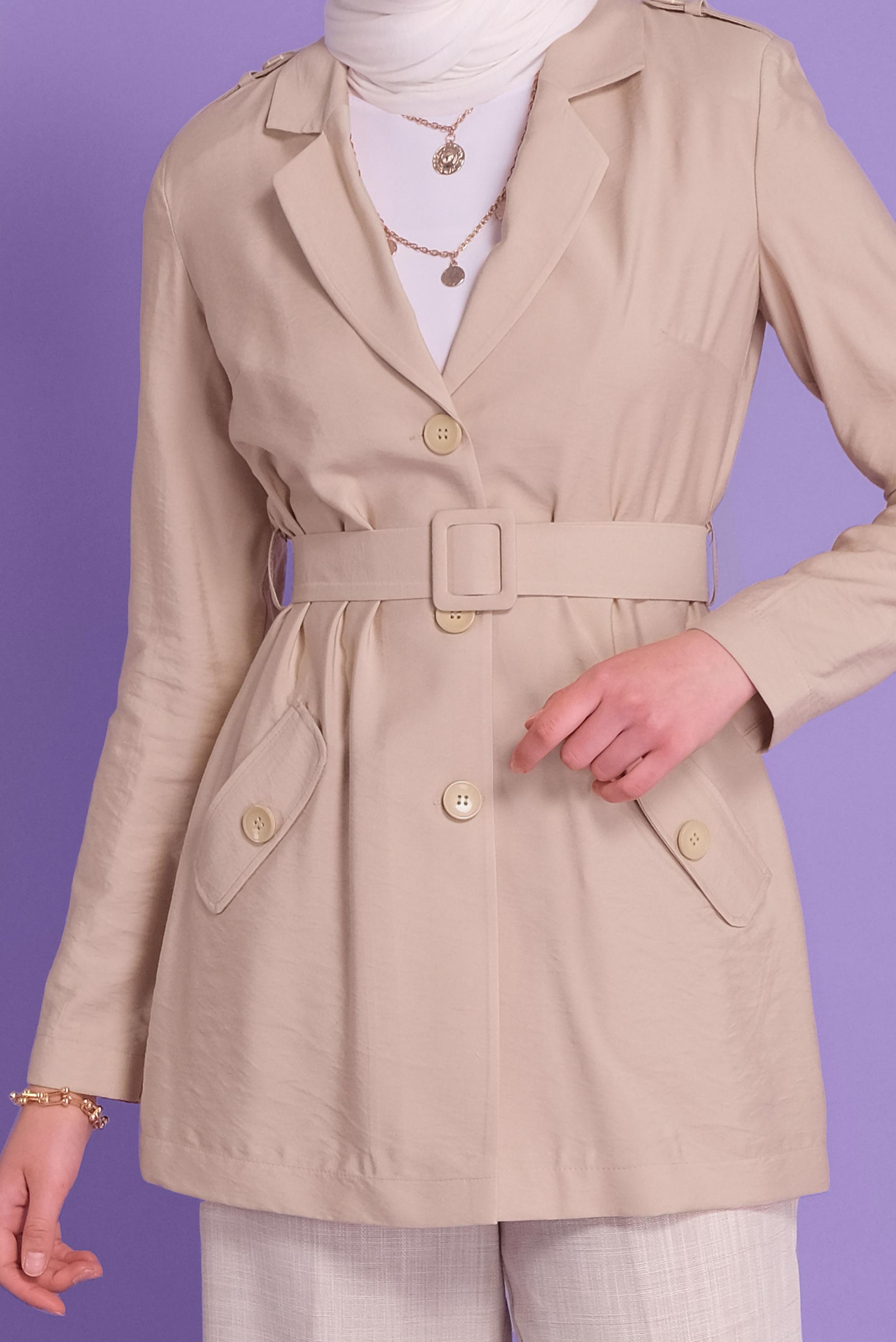 Tesettür giyim BEJ KEMERLİ KETEN CEKET 40763 