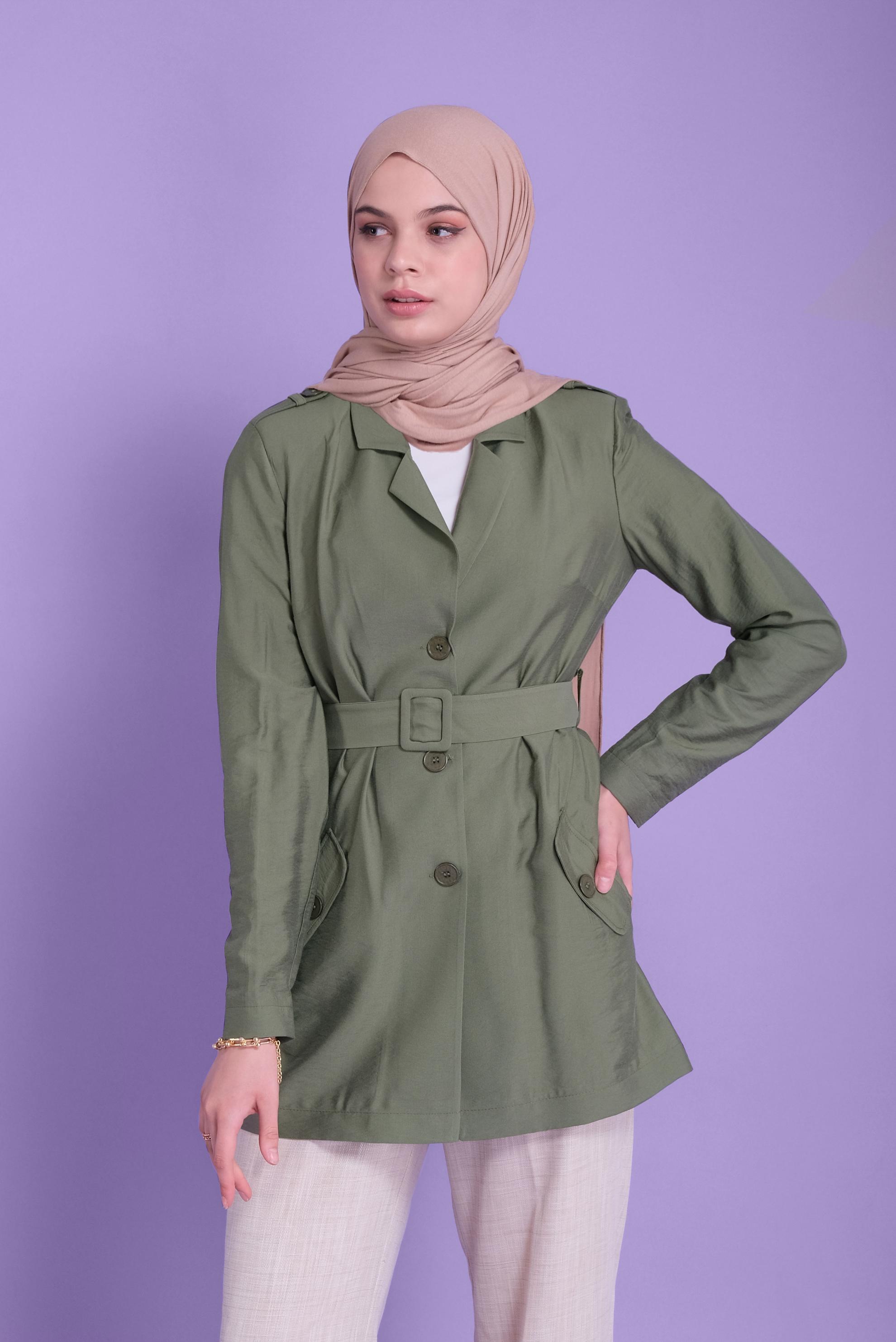 Tesettür giyim HAKİ KEMERLİ KETEN CEKET 40763 