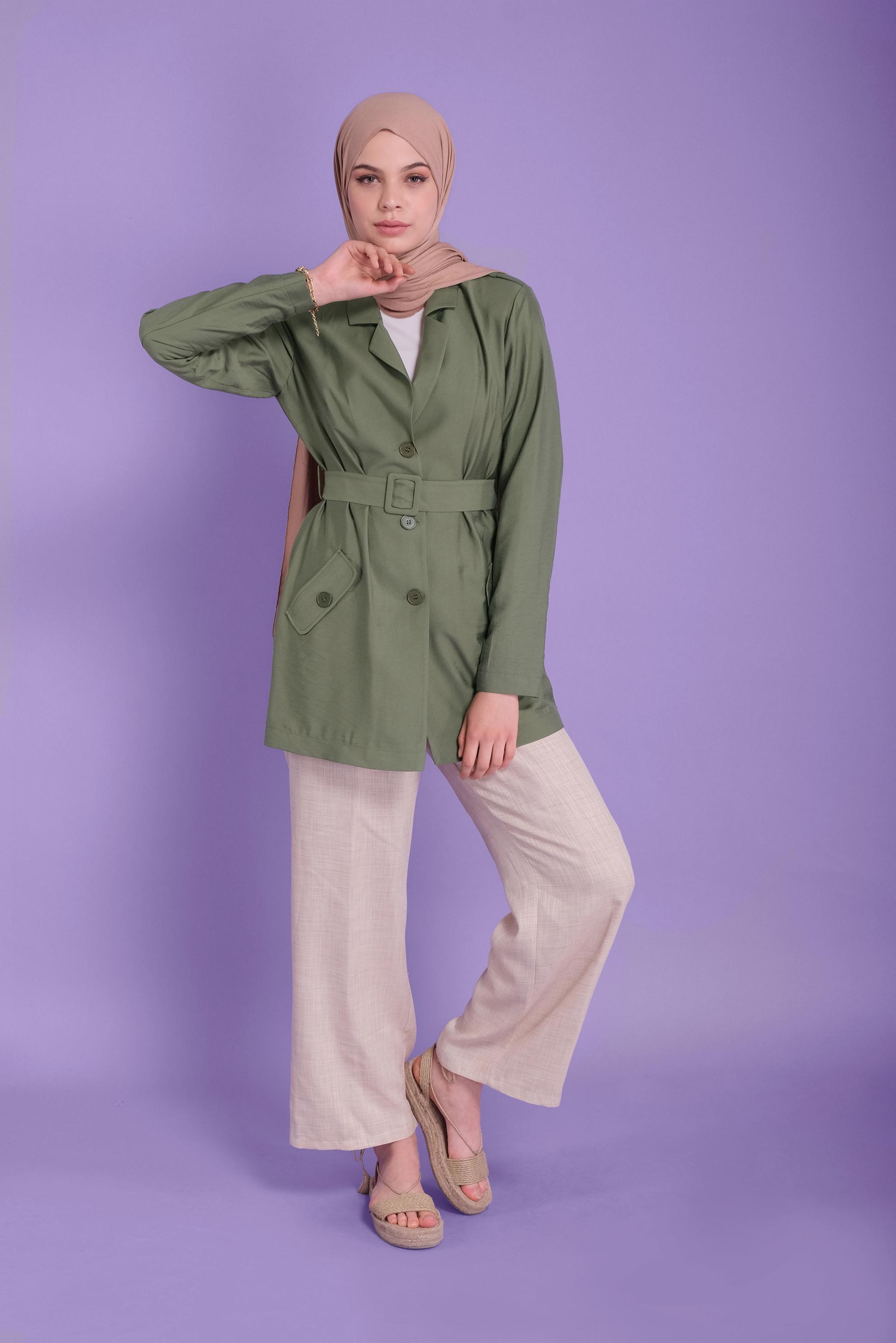 Tesettür giyim HAKİ KEMERLİ KETEN CEKET 40763 