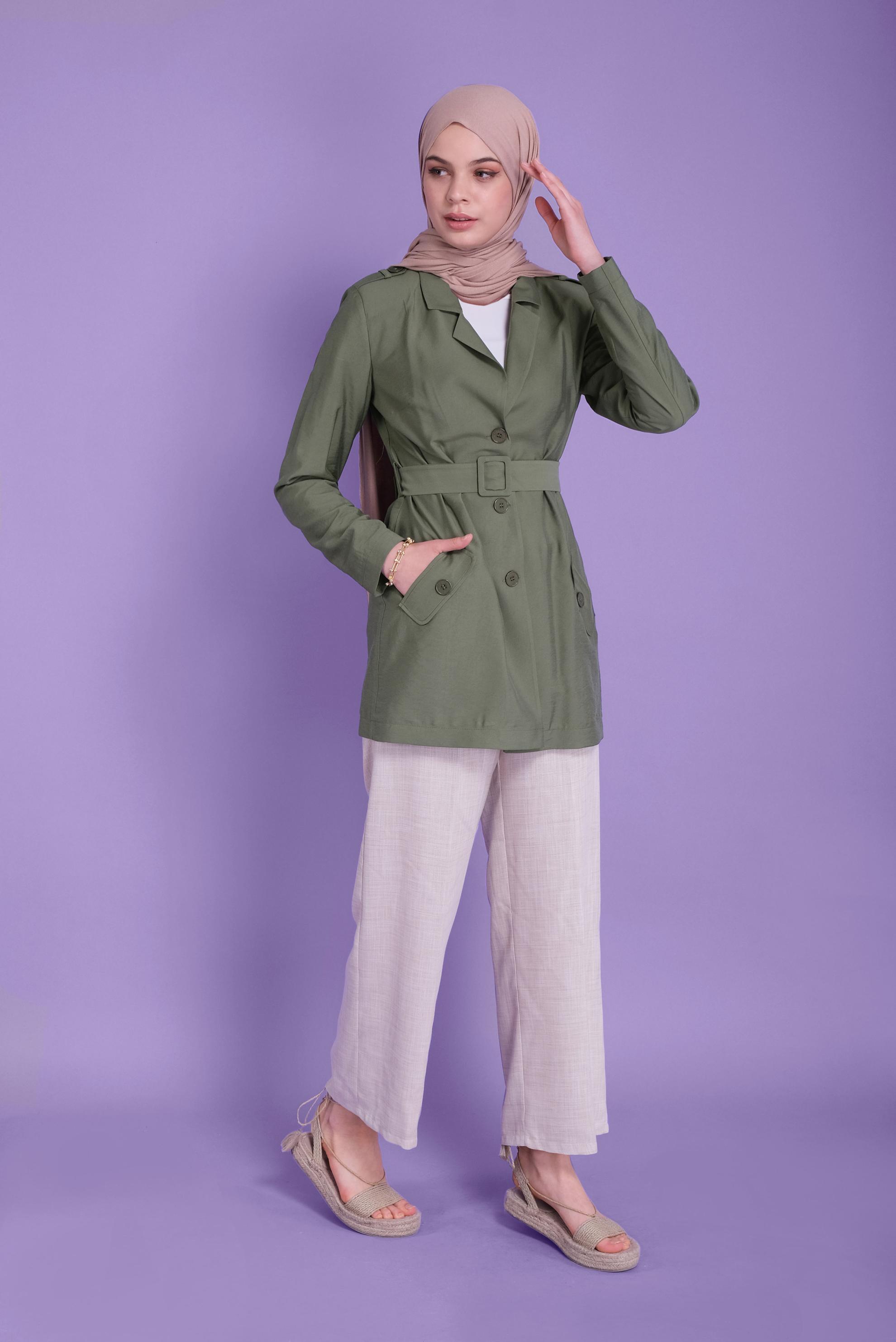 Tesettür giyim HAKİ KEMERLİ KETEN CEKET 40763 