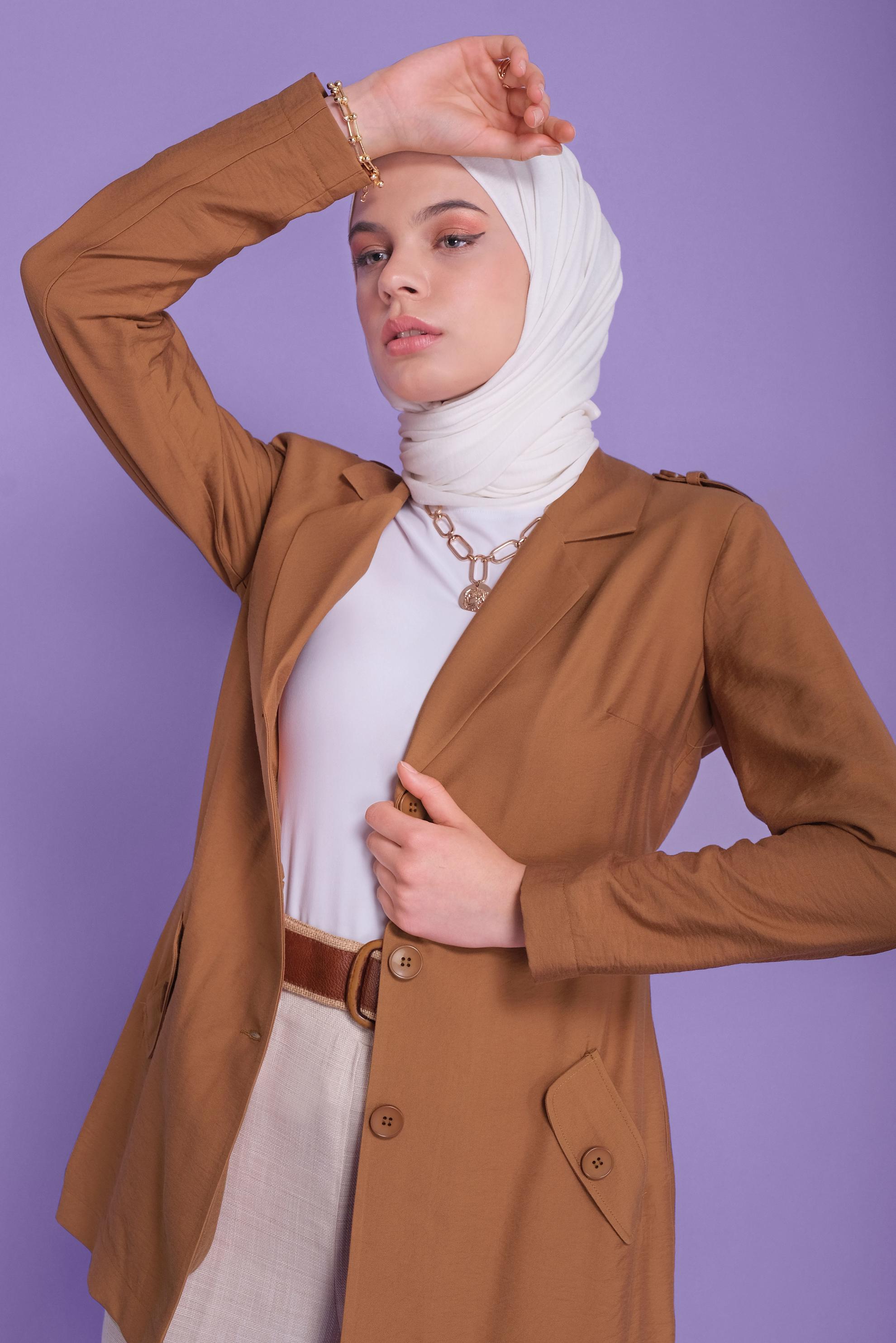 Tesettür giyim KAHVE KEMERLİ KETEN CEKET 40763 