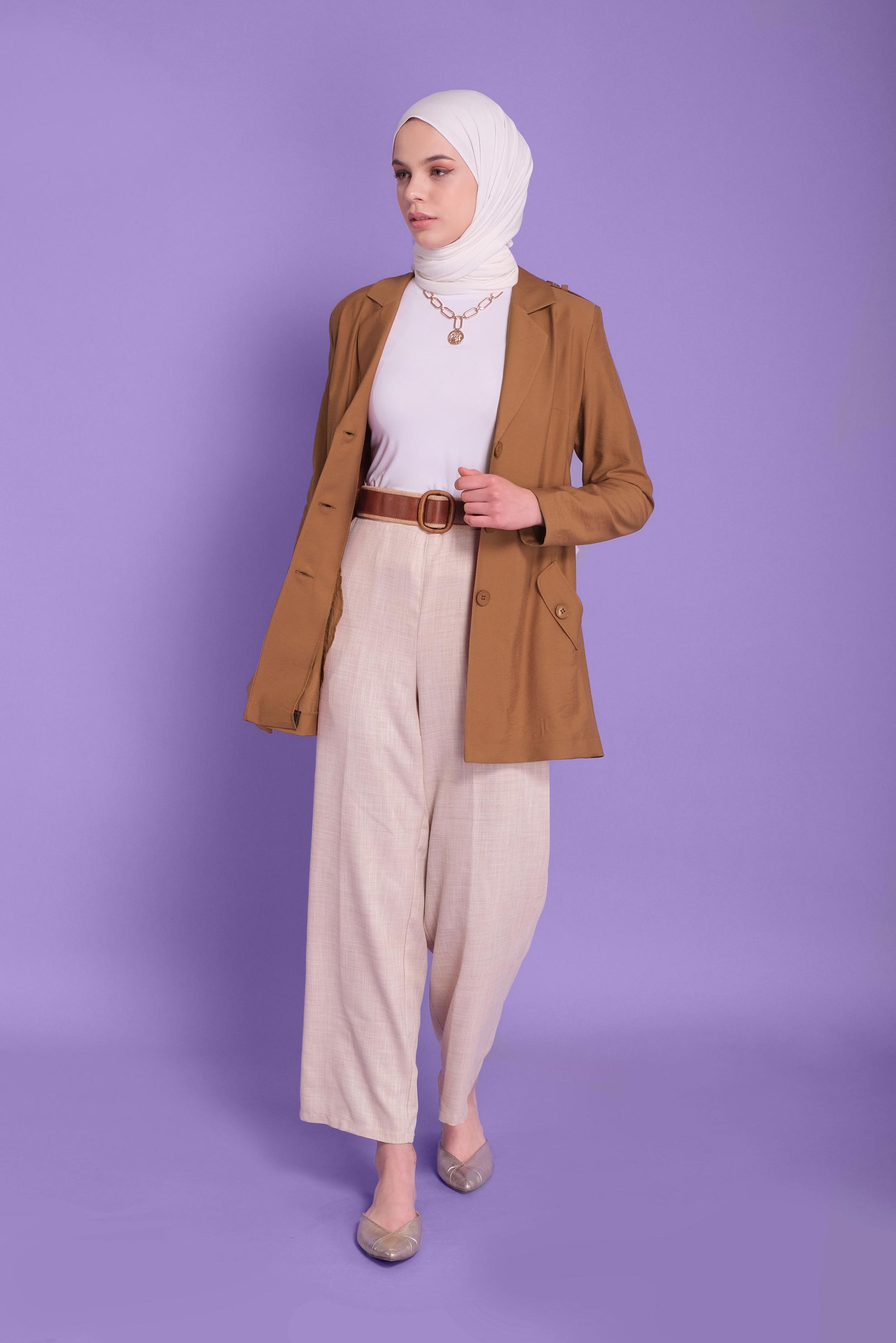 Tesettür giyim KAHVE KEMERLİ KETEN CEKET 40763 