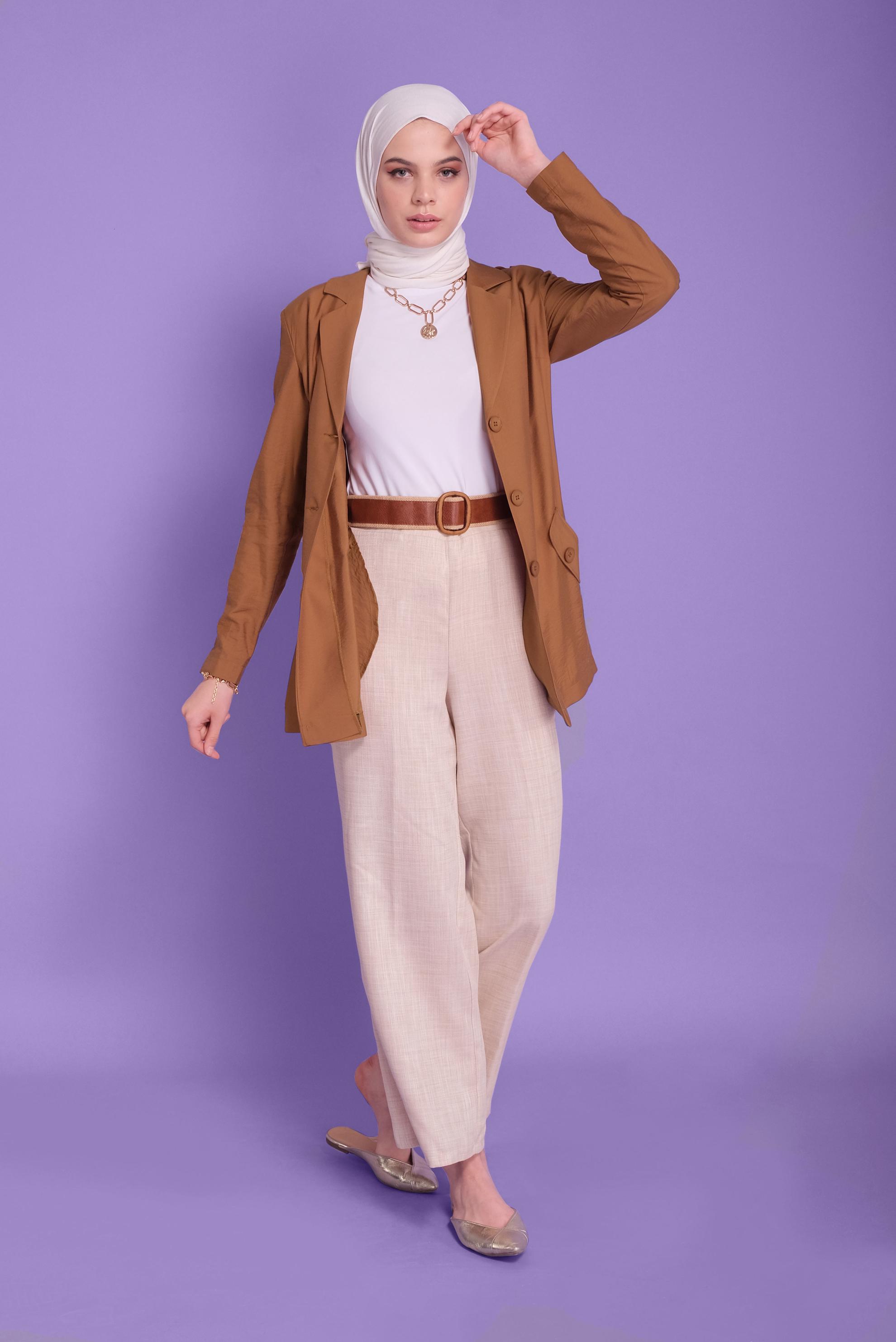 Tesettür giyim KAHVE KEMERLİ KETEN CEKET 40763 