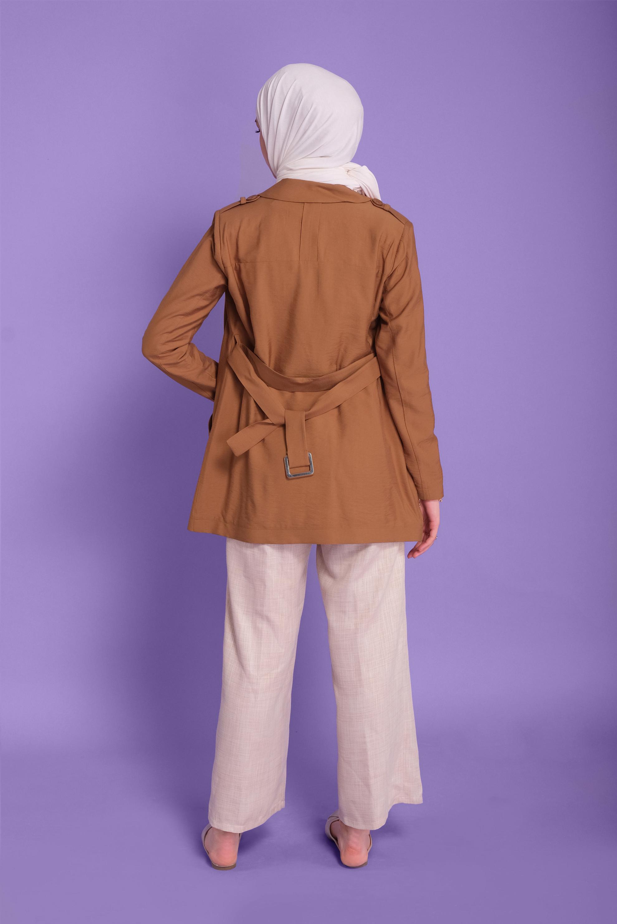 Tesettür giyim KAHVE KEMERLİ KETEN CEKET 40763 