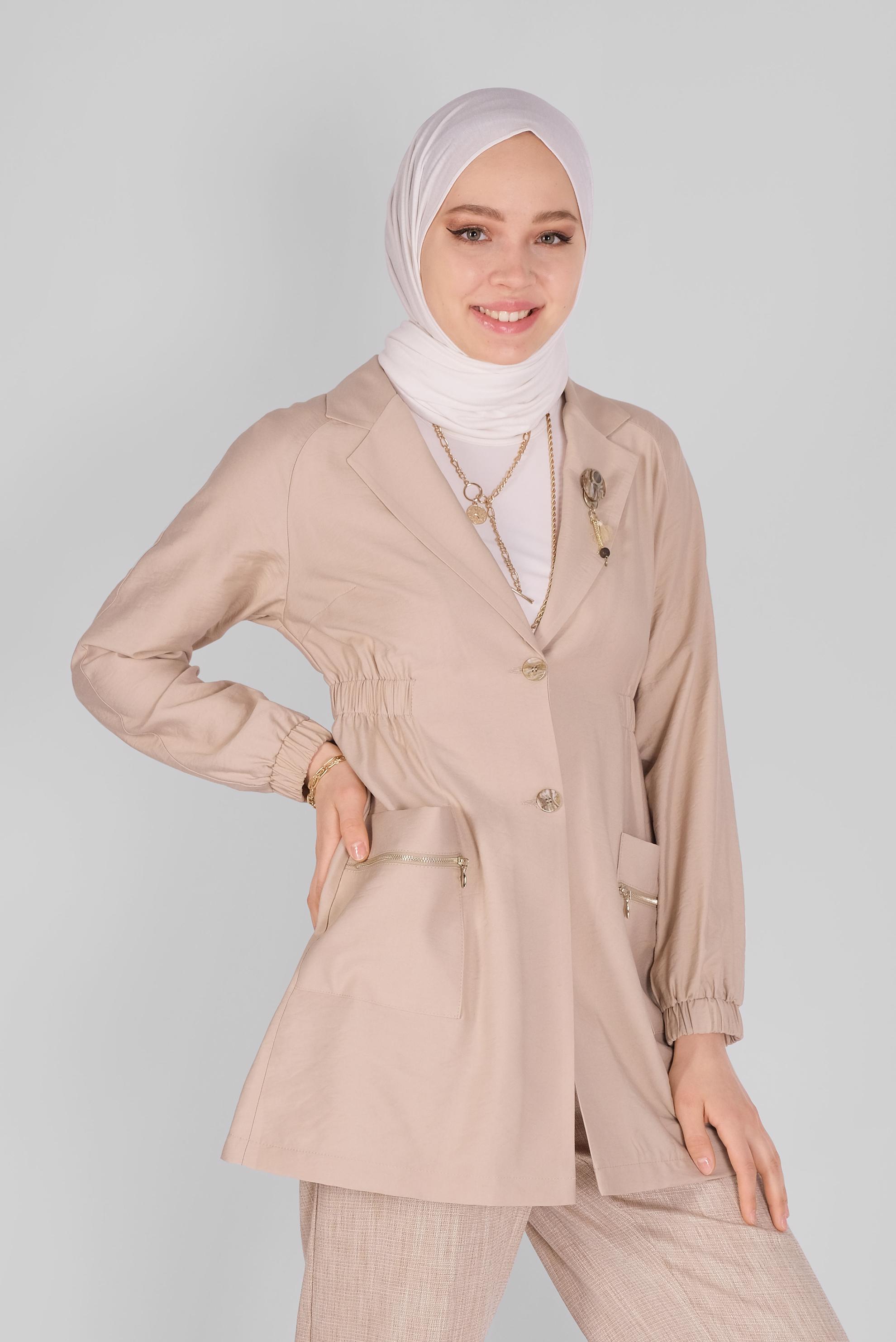 Tesettür giyim BEJ LASTİK DETAYLI CEKET 41423 