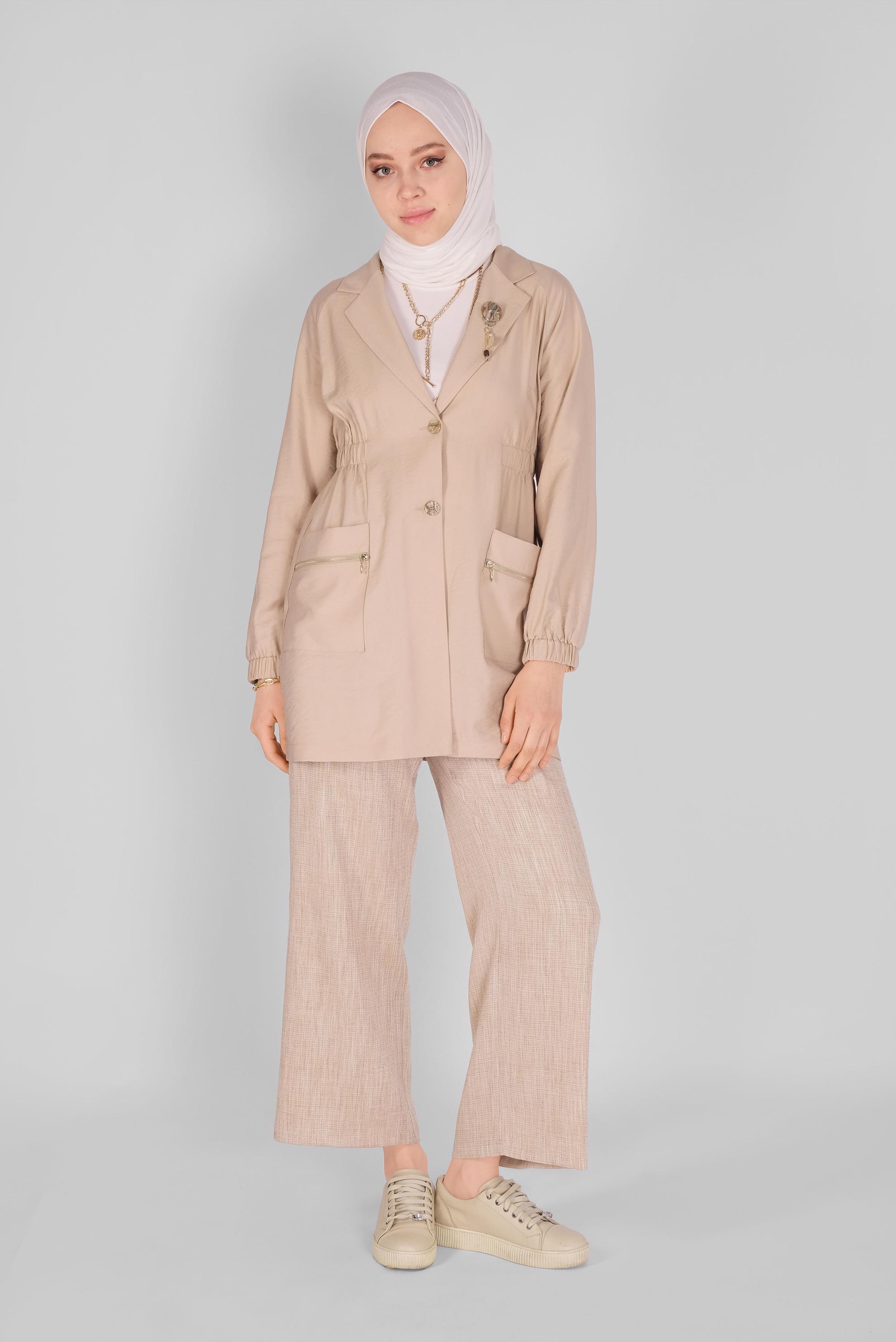 Tesettür giyim BEJ LASTİK DETAYLI CEKET 41423 