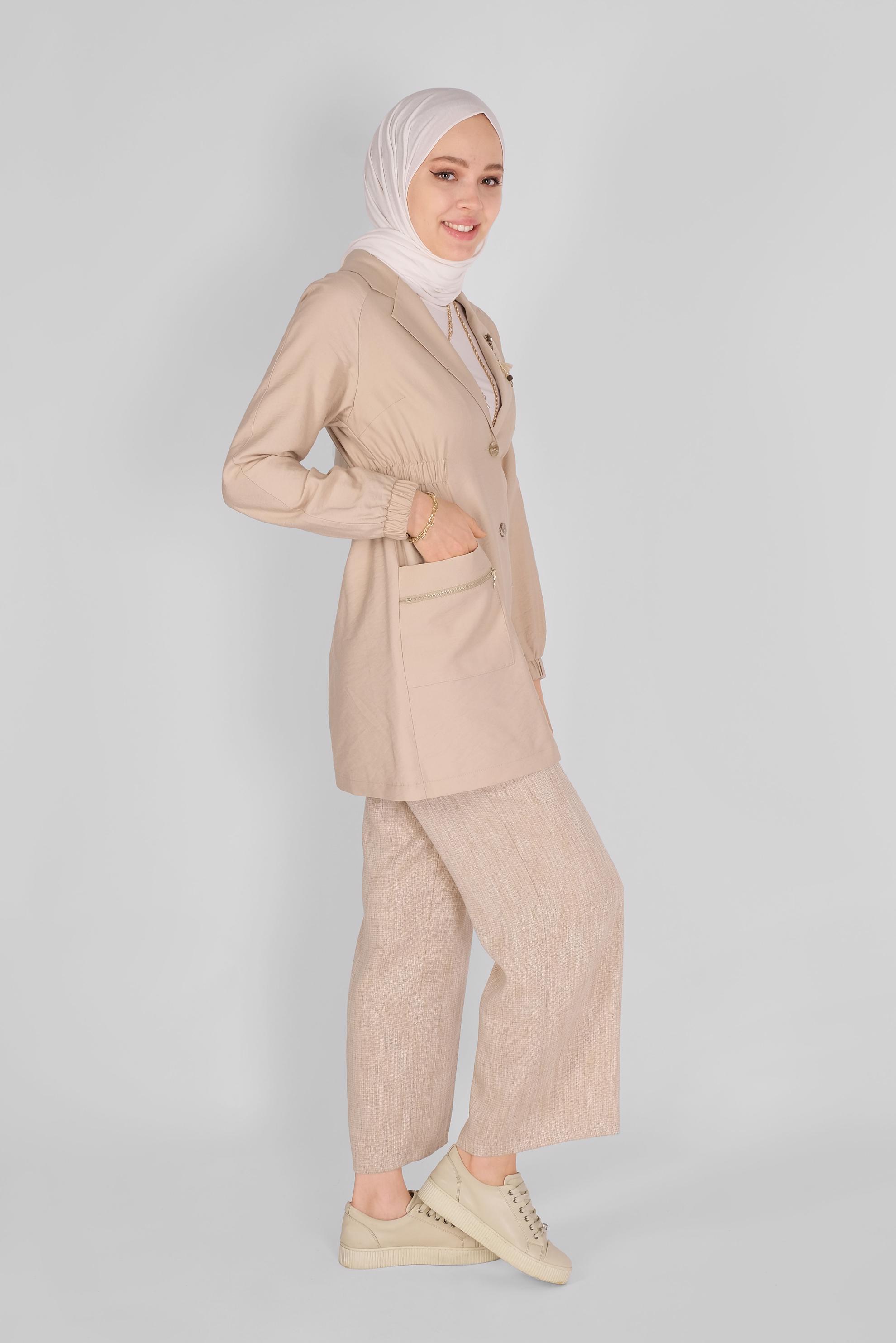 Tesettür giyim BEJ LASTİK DETAYLI CEKET 41423 