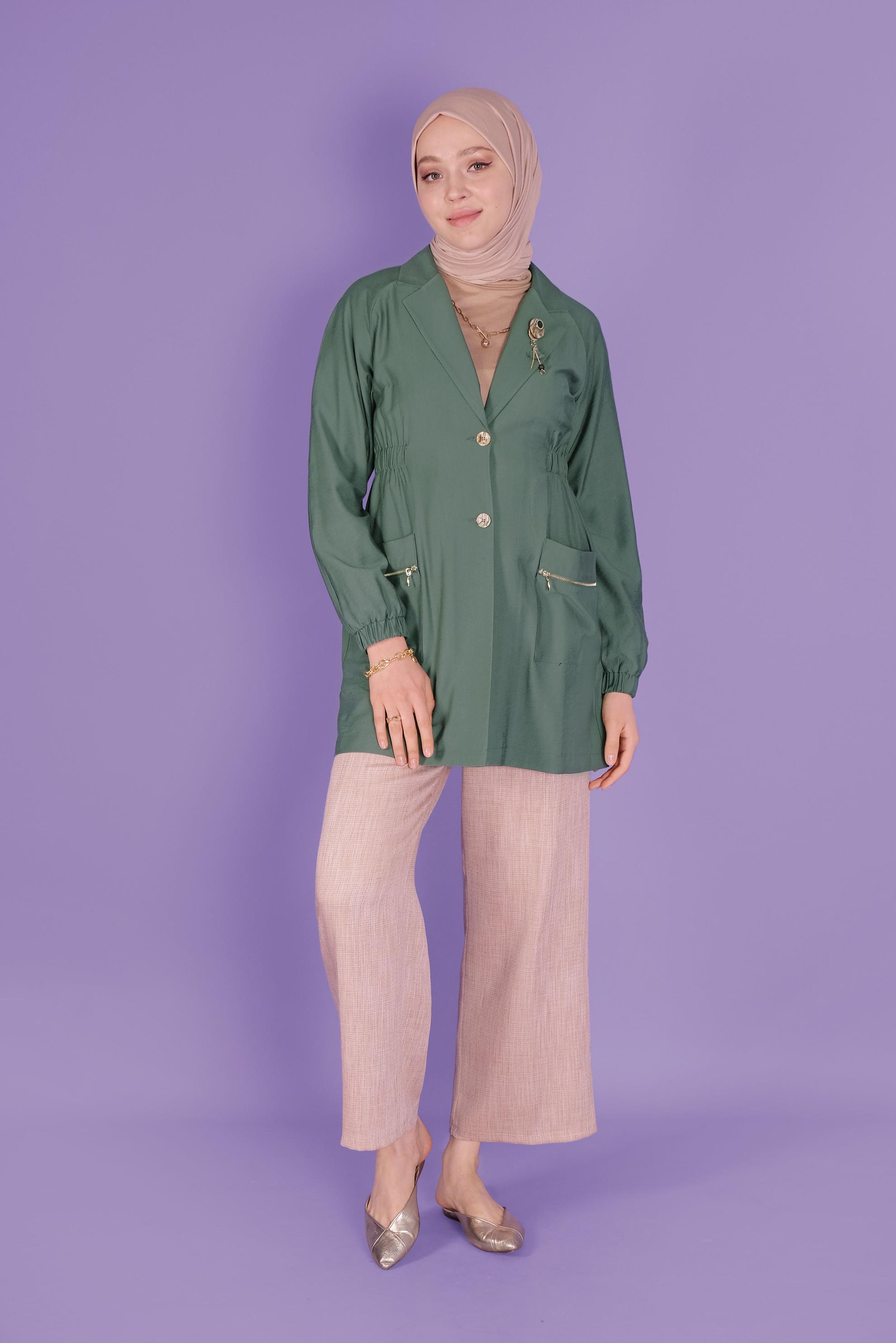 Tesettür giyim YEŞİL LASTİK DETAYLI CEKET 41423 