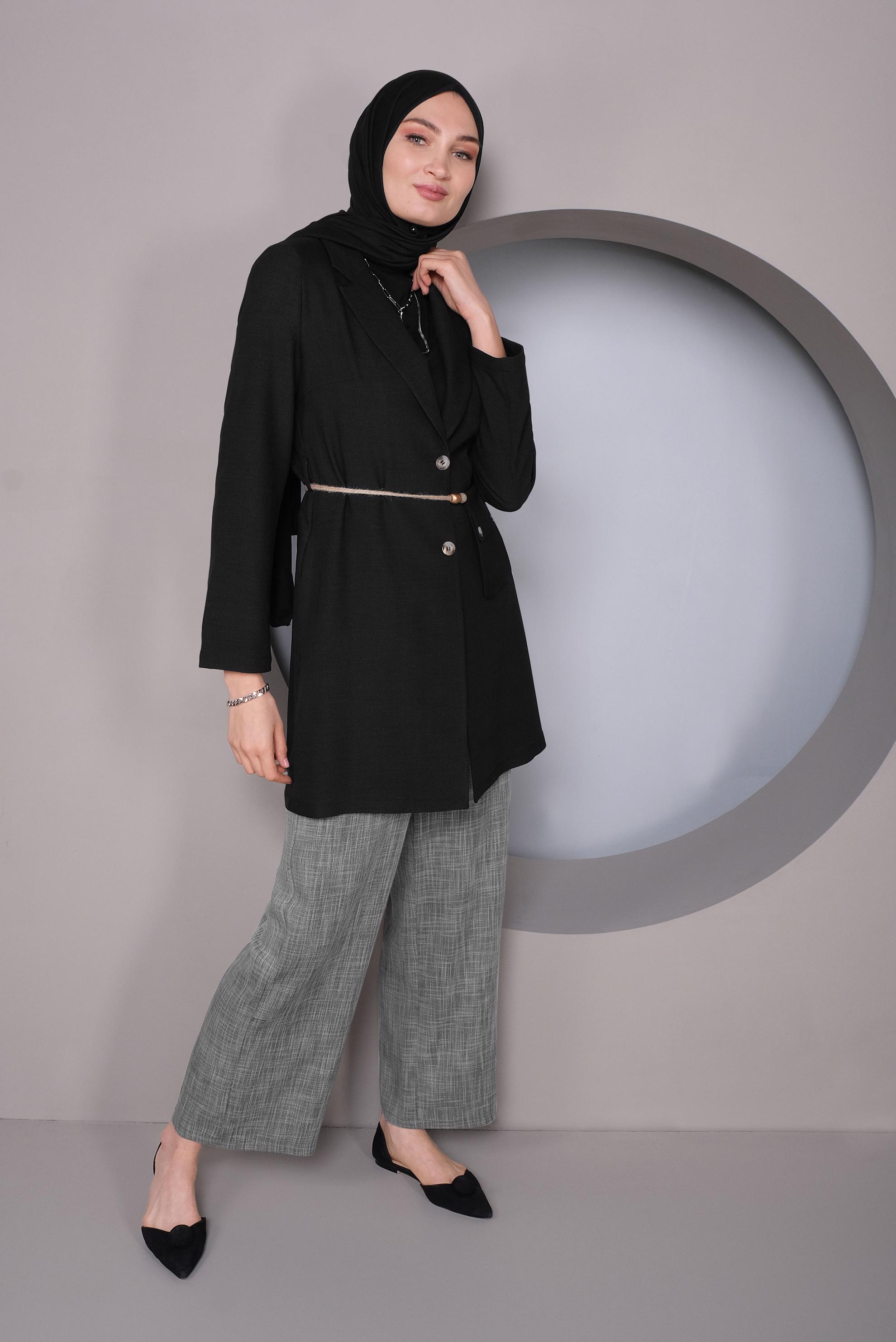 Tesettür giyim SİYAH HALAT KEMERLİ KETEN CEKET 41424